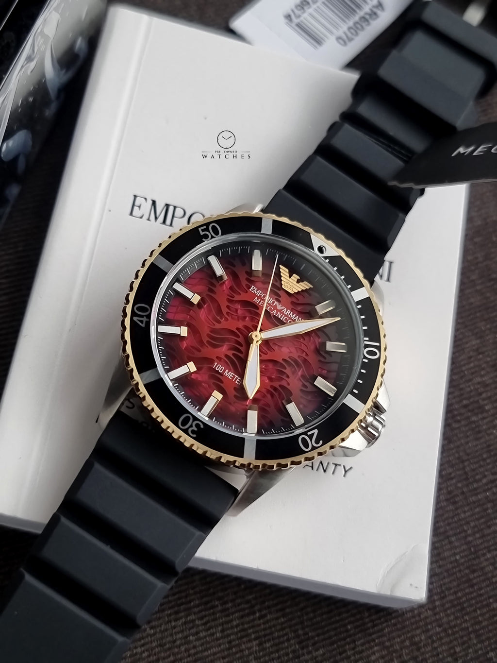 Emporio Armani Meccanico Black Silicone Strap Red Dial Automatic Watch for Gents - AR60070
