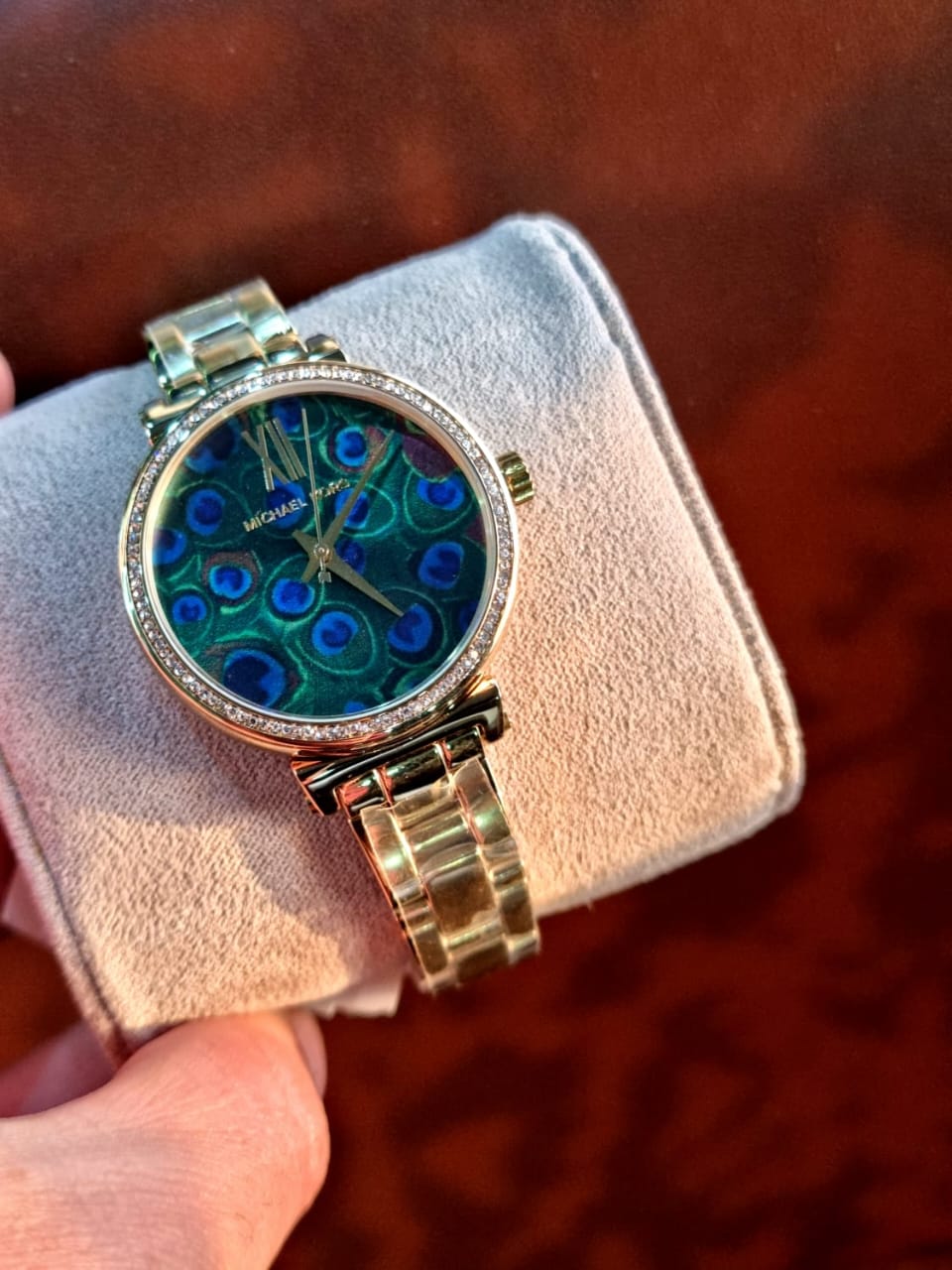 Michael Kors Women’s Quartz Gold Stainless Steel Blue Peacock Motif Dial 36mm Watch MK3946