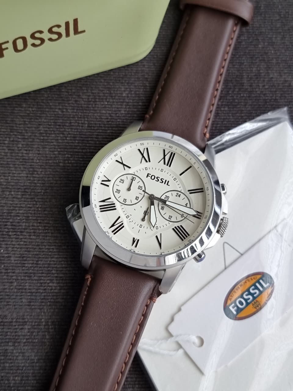 Fossil Grant Brown Leather Strap White Dial Chronograph Quartz Watch for Gents – FS4735