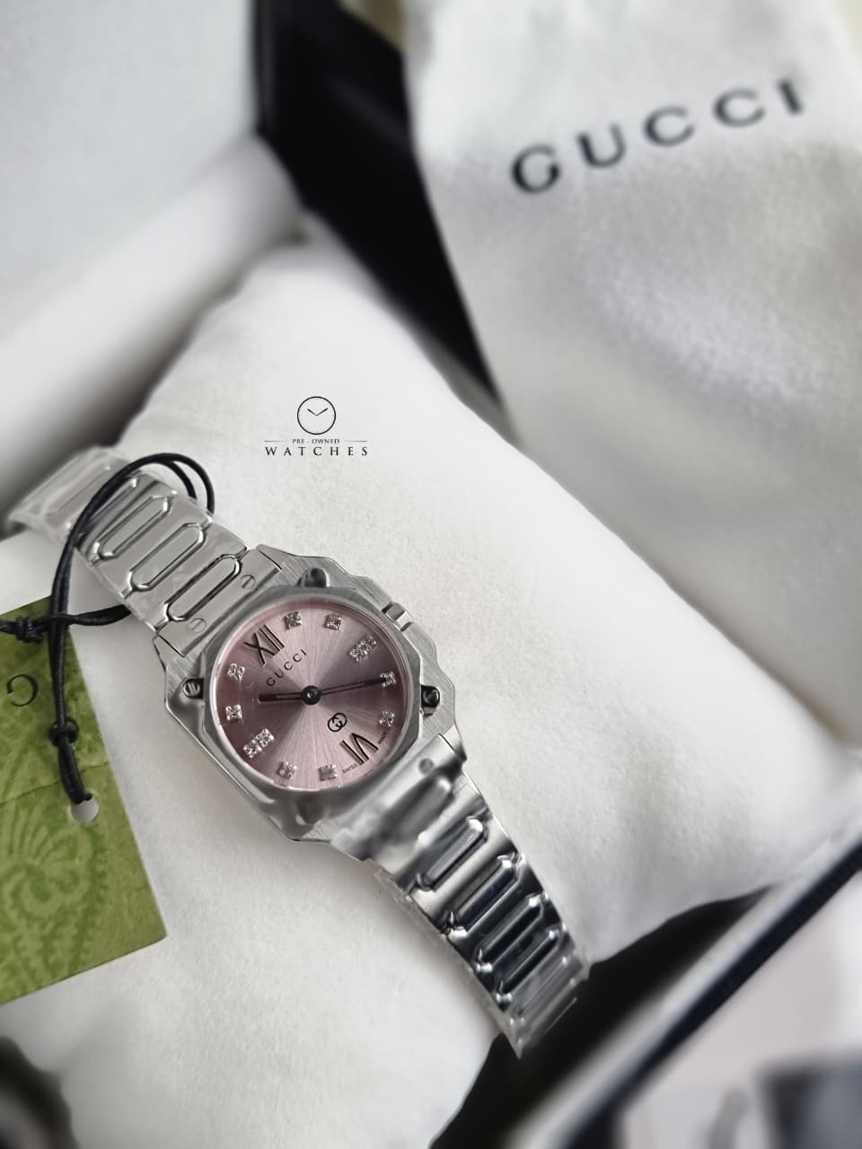 Gucci G-Flat 24mm Pink Dial Diamond Dots Stainless Steel Bracelet Watch- YA166501