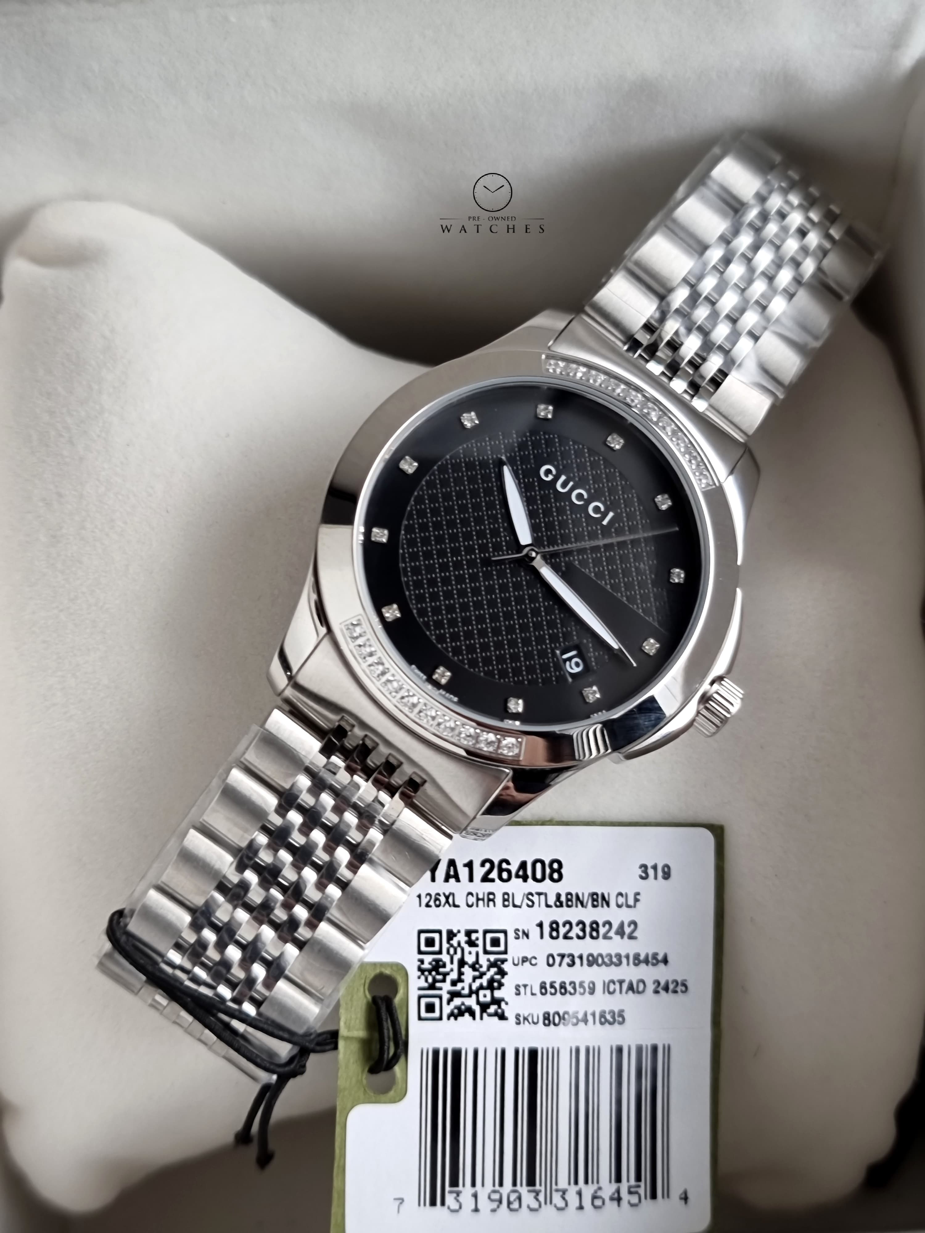 Gucci Men’s Swiss Made Quartz Silver Stainless Steel Black Dial 38mm Watch YA126408