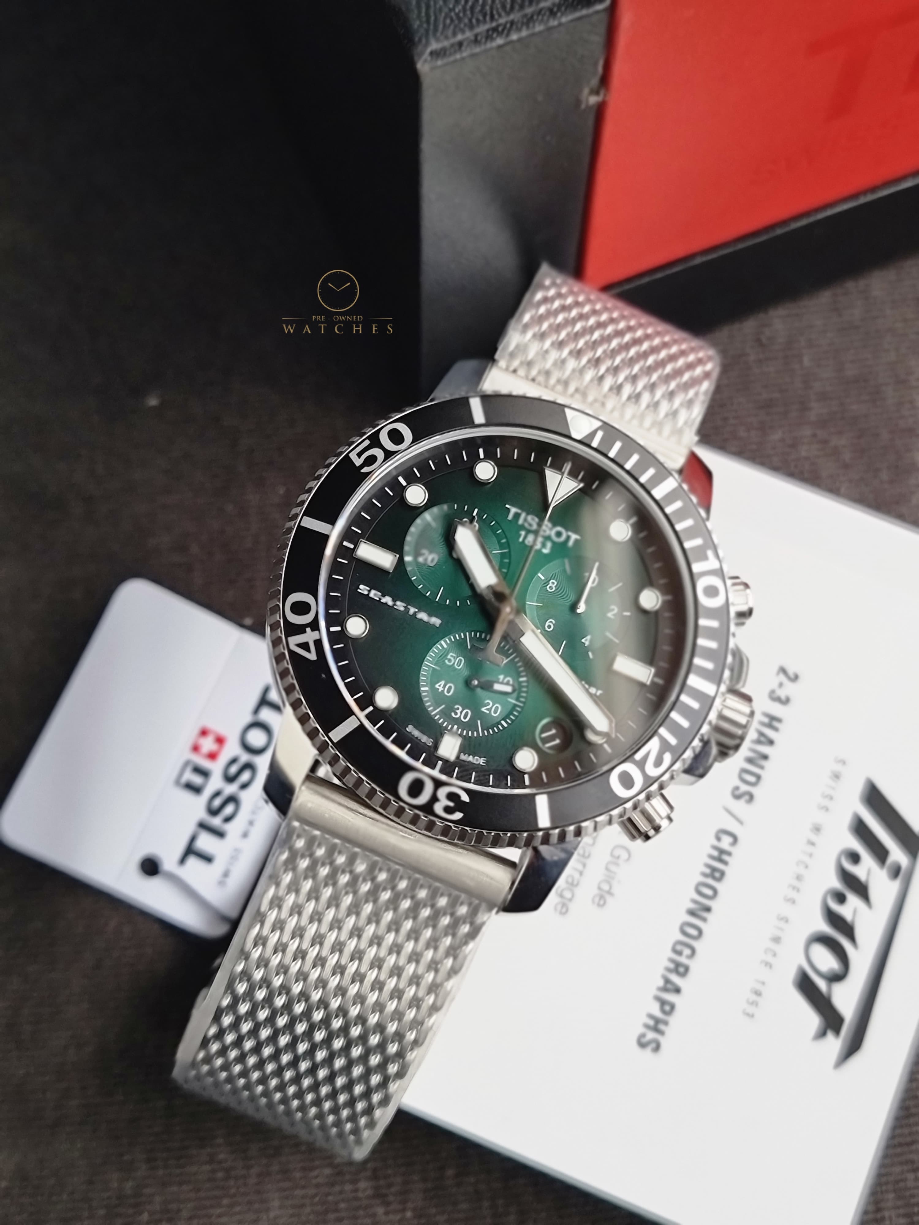 Tissot Seastar Silver Mesh Bracelet Green 45mm Dial Chronograph Quartz Watch for Men's - T120.417.11.091.00