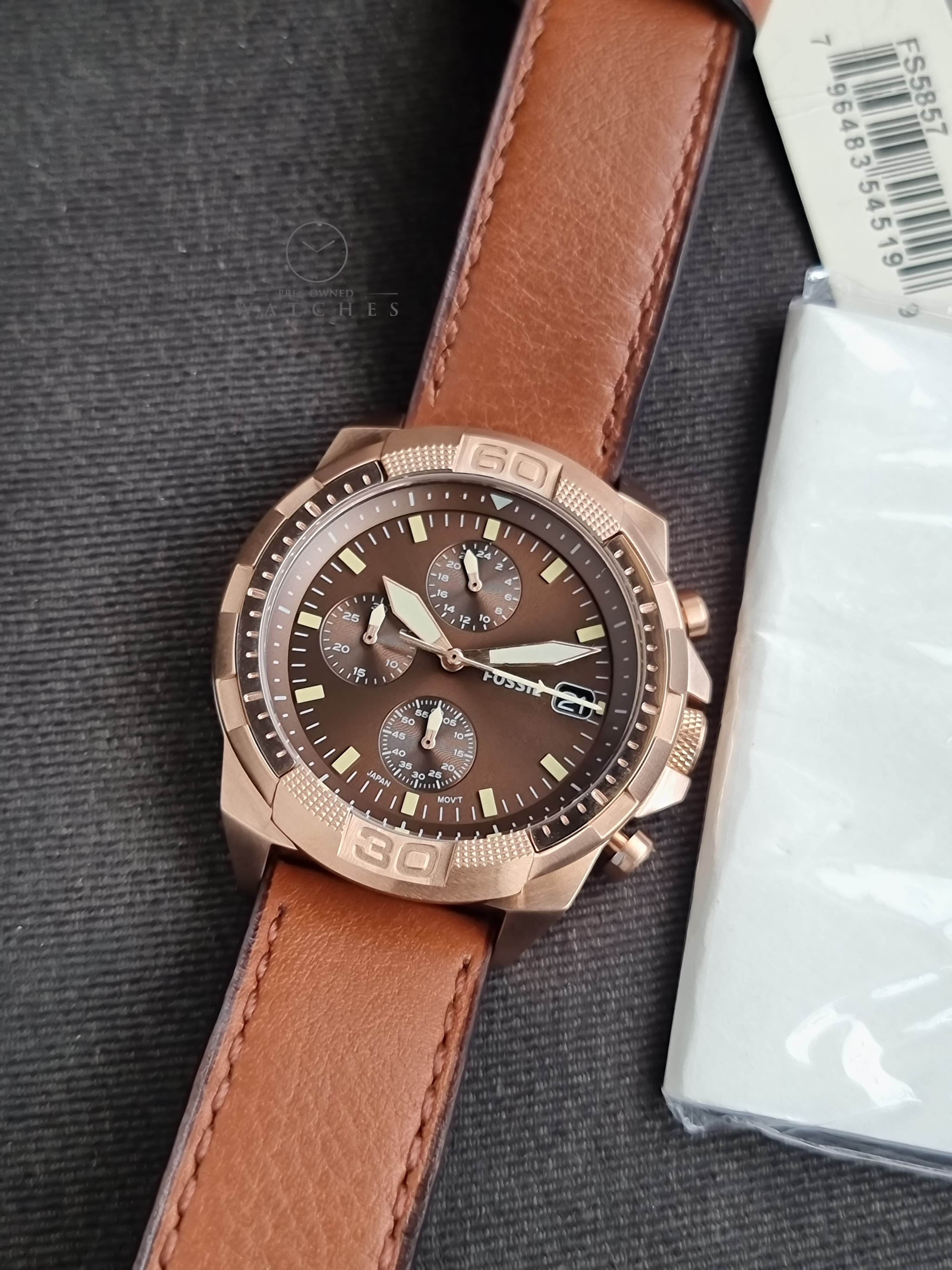 Fossil Bronson Brown Leather Strap Brown Dial Chronograph Quartz Watch for Gents - FS5857
