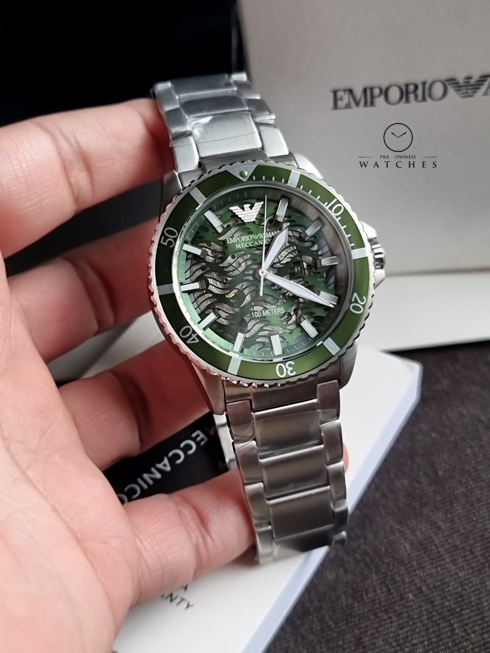 Emporio Armani Men’s Automatic Silver Stainless Steel Green Dial 42mm Watch AR60061