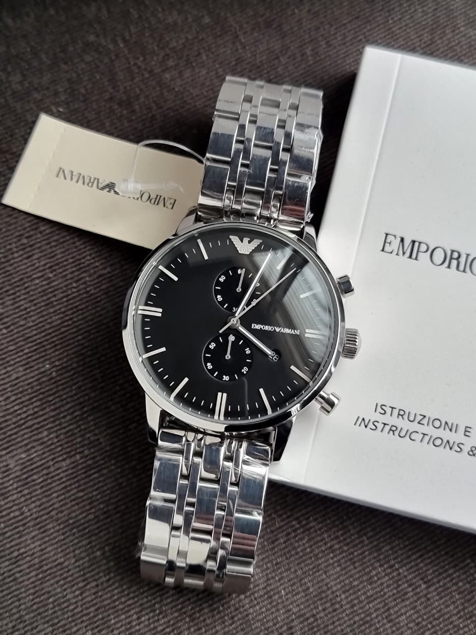 EMPORIO ARMANI Classic Silver Stainless Steel Black Dial Chronograph Quartz Watch for Gents - AR0389