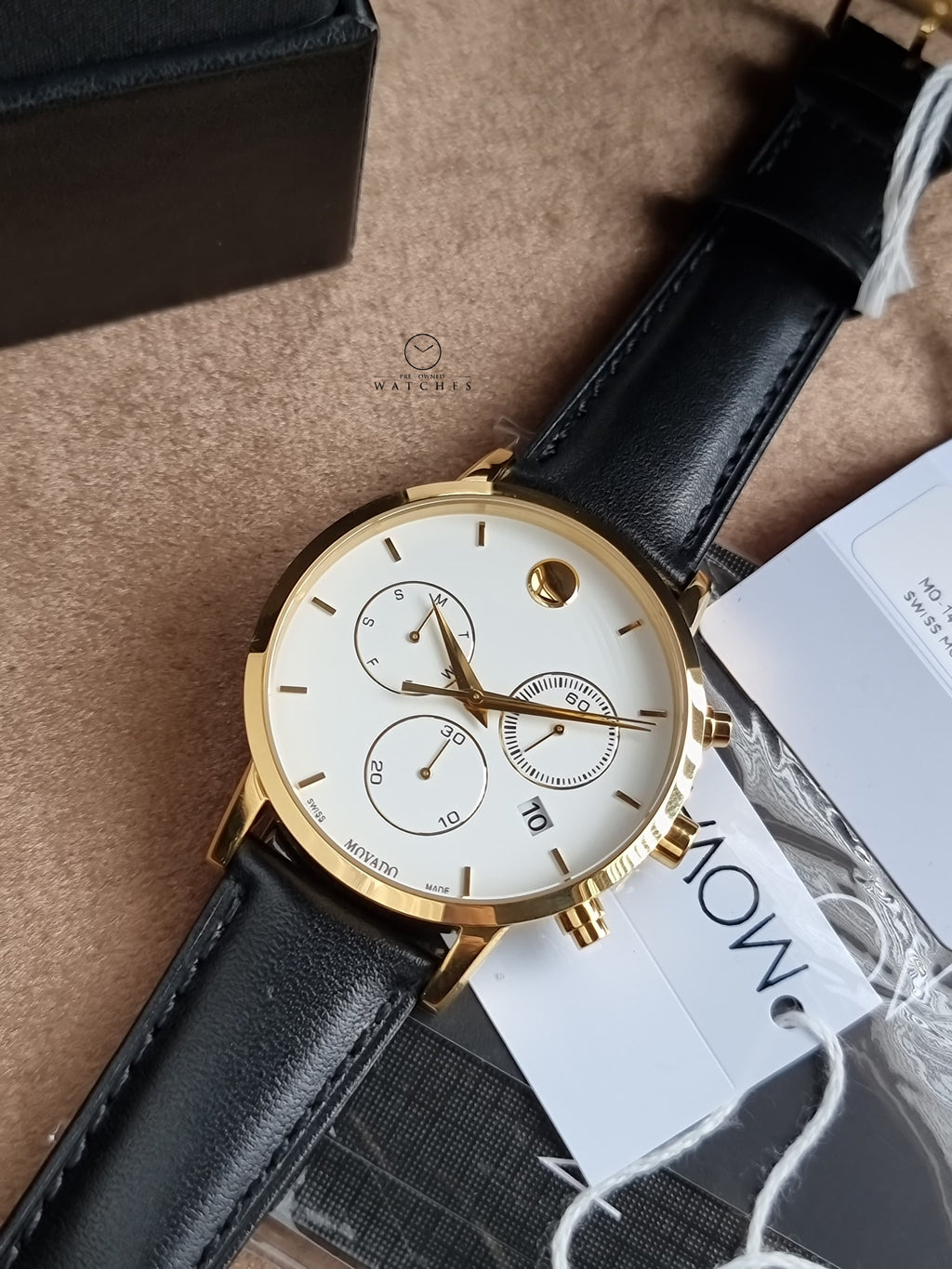 Mov. Black Leather Strap White Dial Chronograph Quartz Watch for Gents -  0607888
