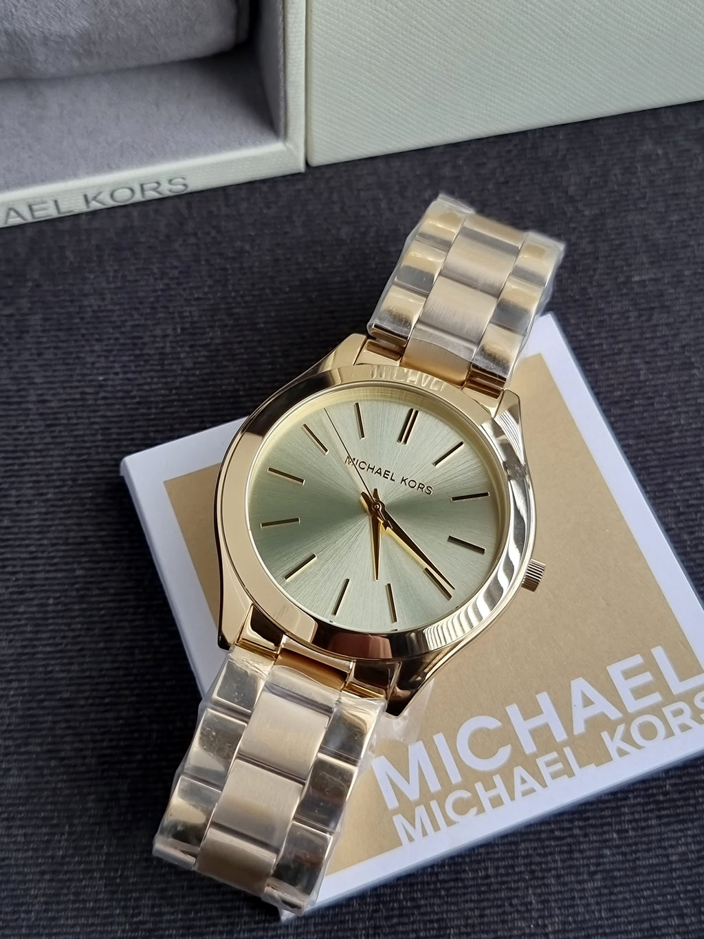 Michael Kors Slim Runway Gold Dial Stainless Steel Strap Ladies Watch MK3179