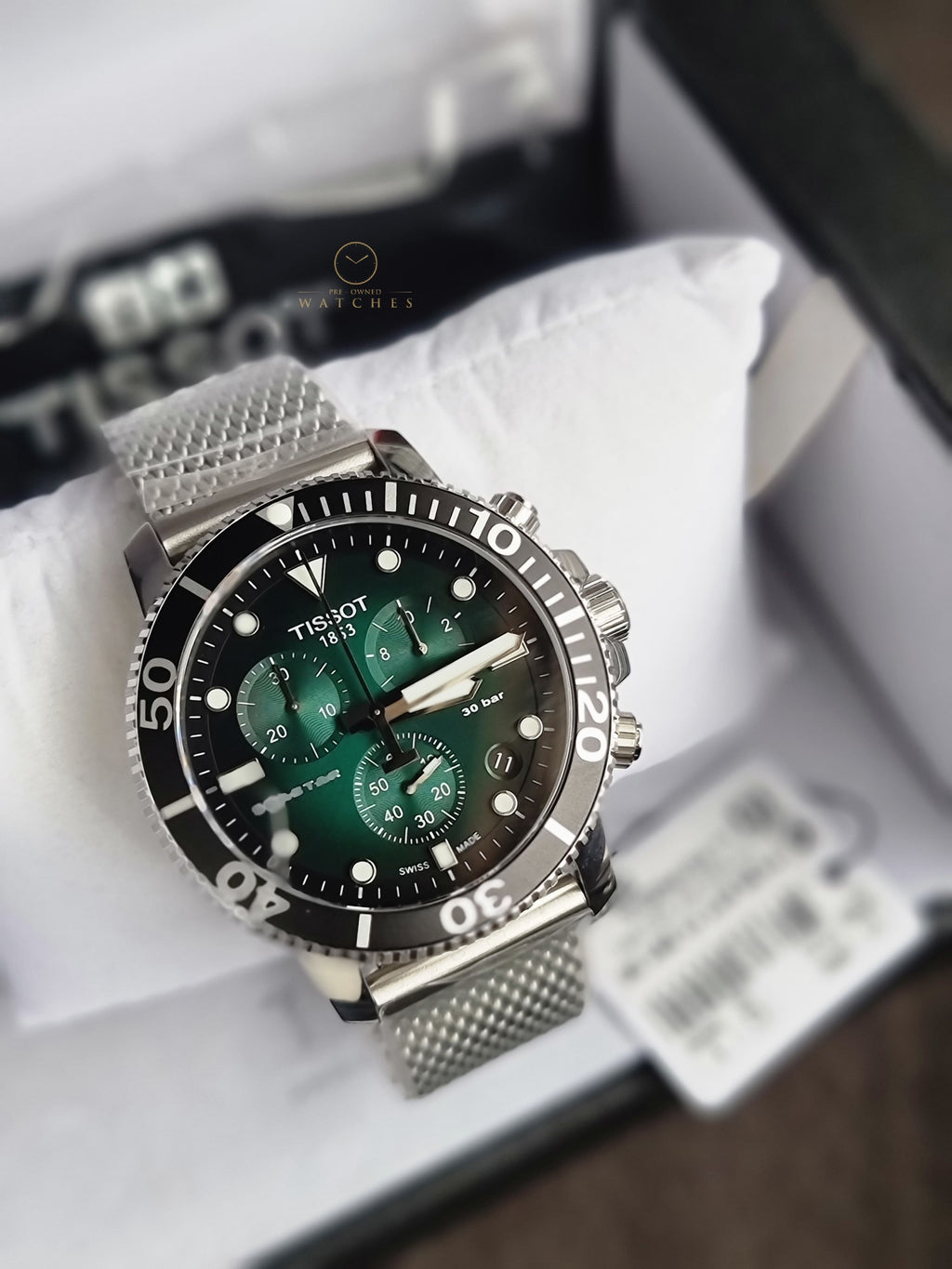 Tissot Seastar Silver Mesh Bracelet Green 45mm Dial Chronograph Quartz Watch for Men's - T120.417.11.091.00