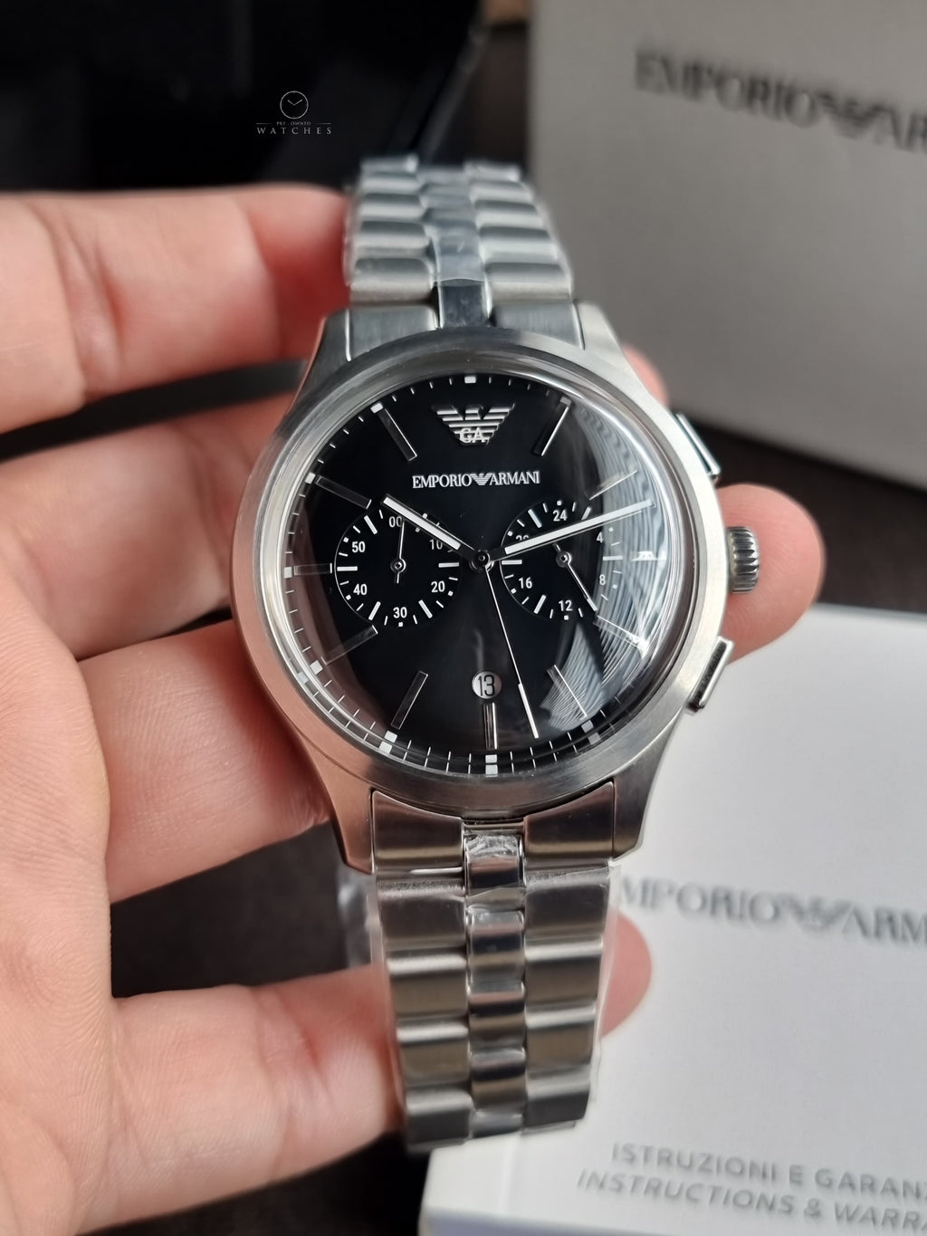 Emporio Armani Silver Stainless Steel Black 42mm Dial Chronograph Quartz Watch for Gents -  AR11691
(Without Tag)