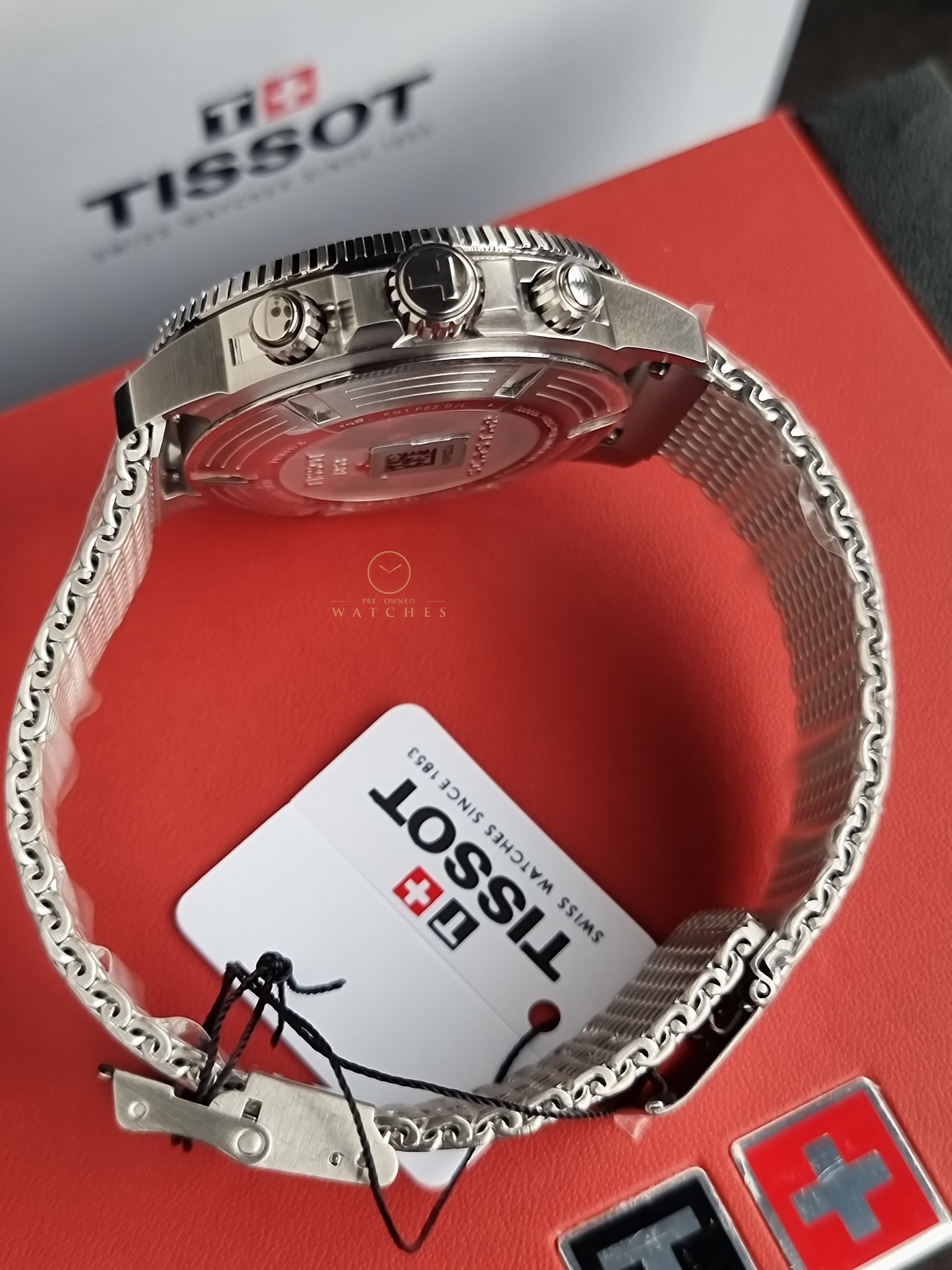 Tissot Seastar Silver Mesh Bracelet Green 45mm Dial Chronograph Quartz Watch for Men's - T120.417.11.091.00