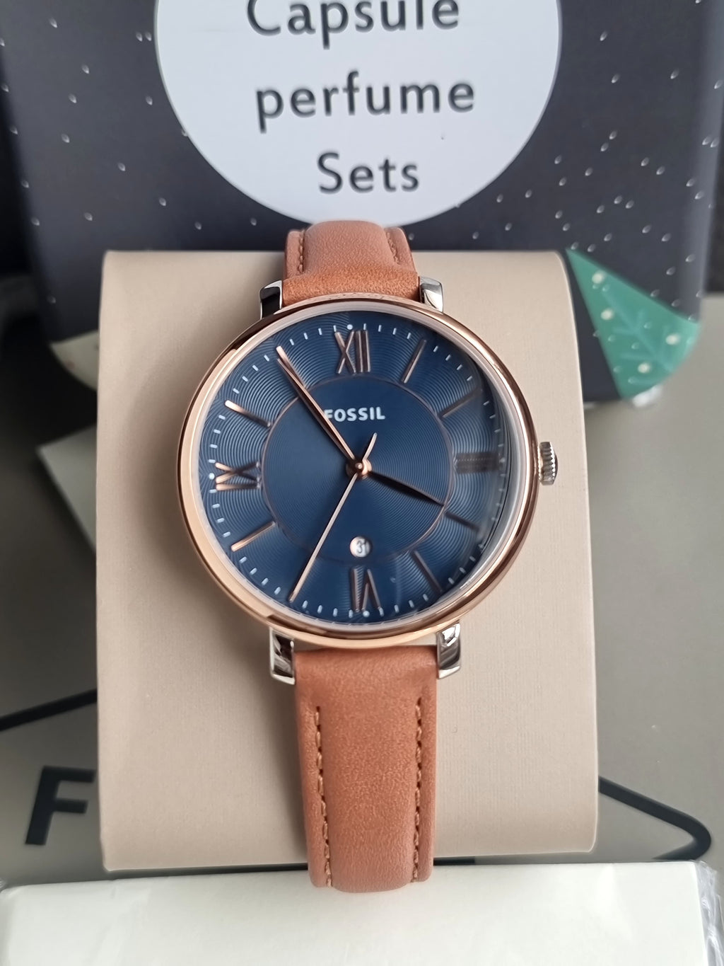 Fossil Jacqueline Brown Leather Strap Blue Dial Quartz Watch for Ladies - ES4274(without tag)