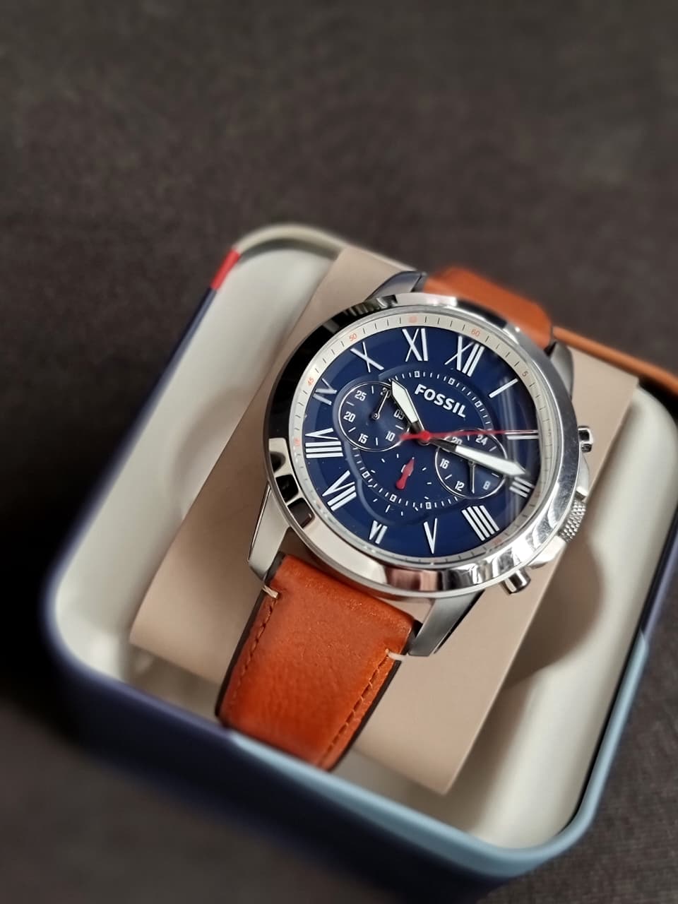 Fossil Grant Brown Leather Strap Blue Dial Chronograph Quartz Watch for Gents - FS5210