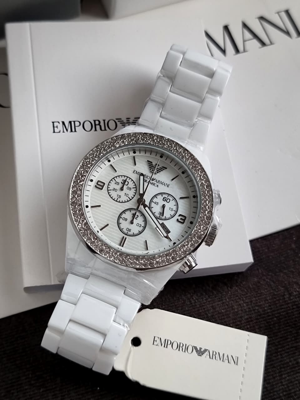 Emporio Armani Ceramica Chronograph White Dial White Ceramic Strap Watch For Women - AR1456