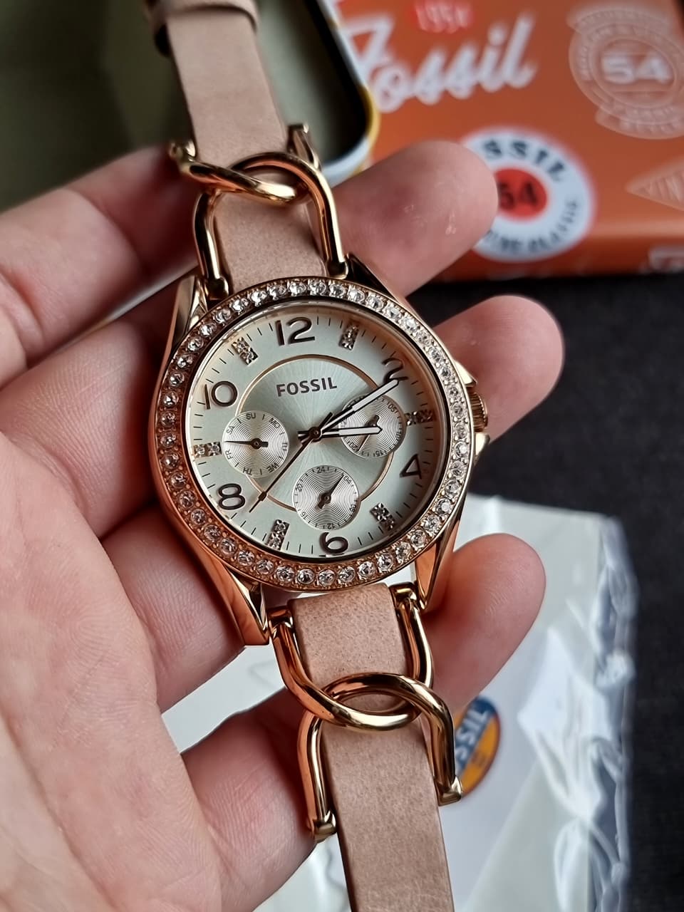 Fossil Riley Multifunction 38mm Rose Gold-Tone and Sand Leather Watch-  ES3466
