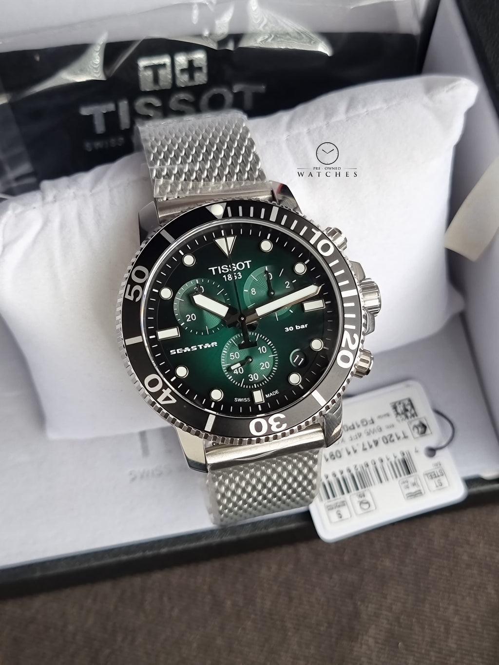 Tissot Seastar Silver Mesh Bracelet Green 45mm Dial Chronograph Quartz Watch for Men's - T120.417.11.091.00