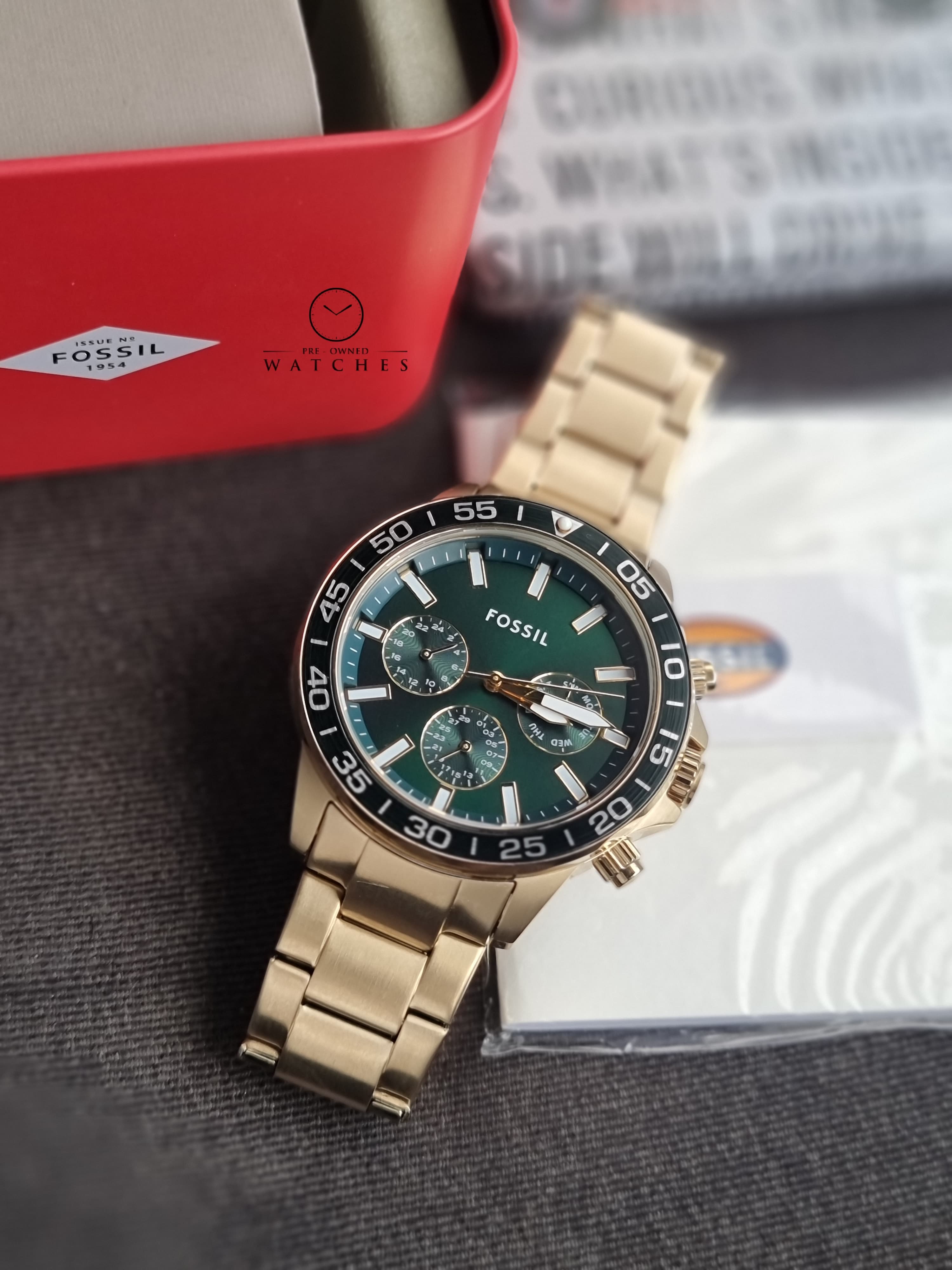 Fossil Bannon Multifunction Gold Stainless Steel Green Dial Chronograph Quartz Watch for Gents - BQ2493
