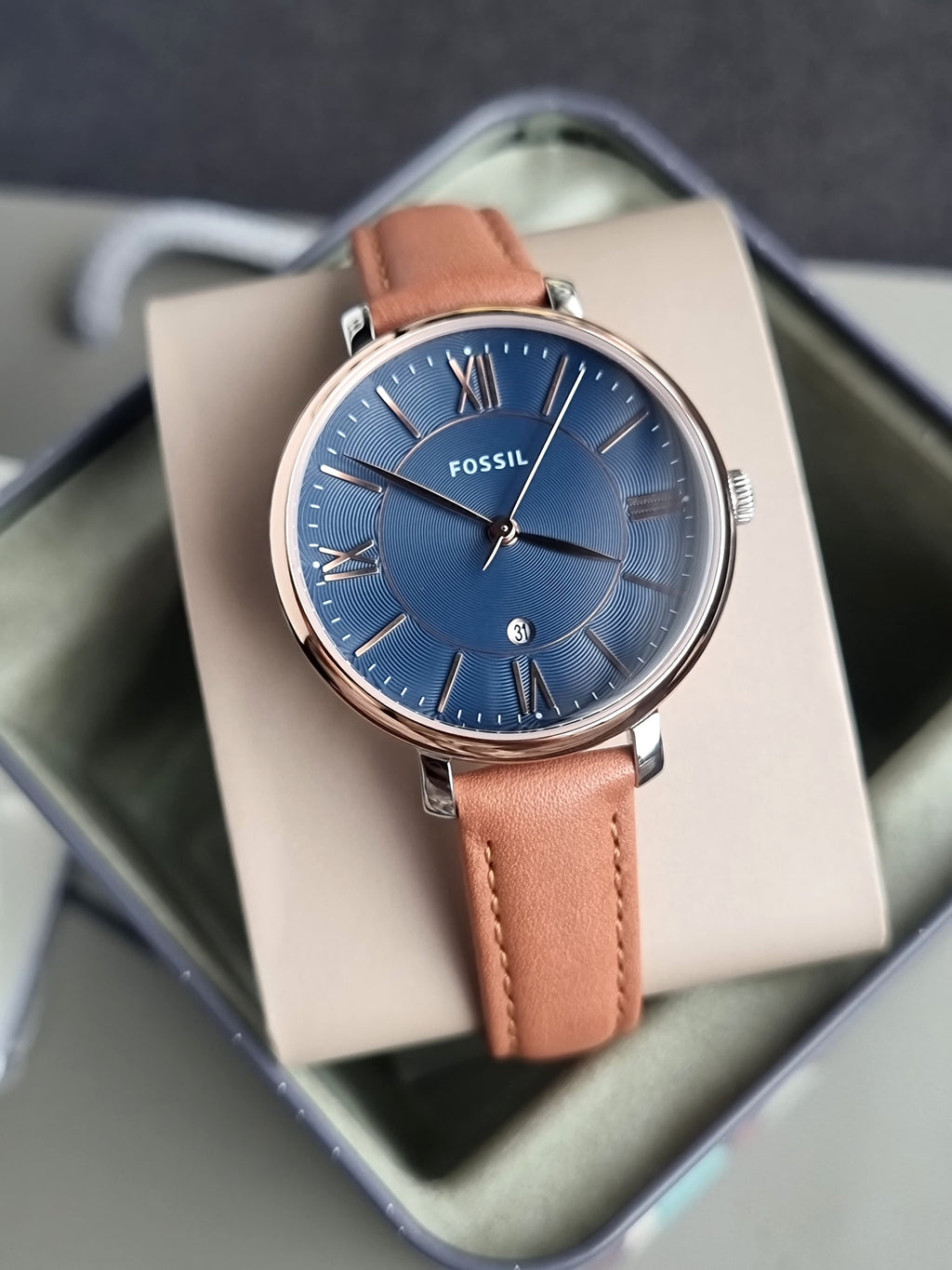 Fossil Jacqueline Brown Leather Strap Blue Dial Quartz Watch for Ladies - ES4274(without tag)