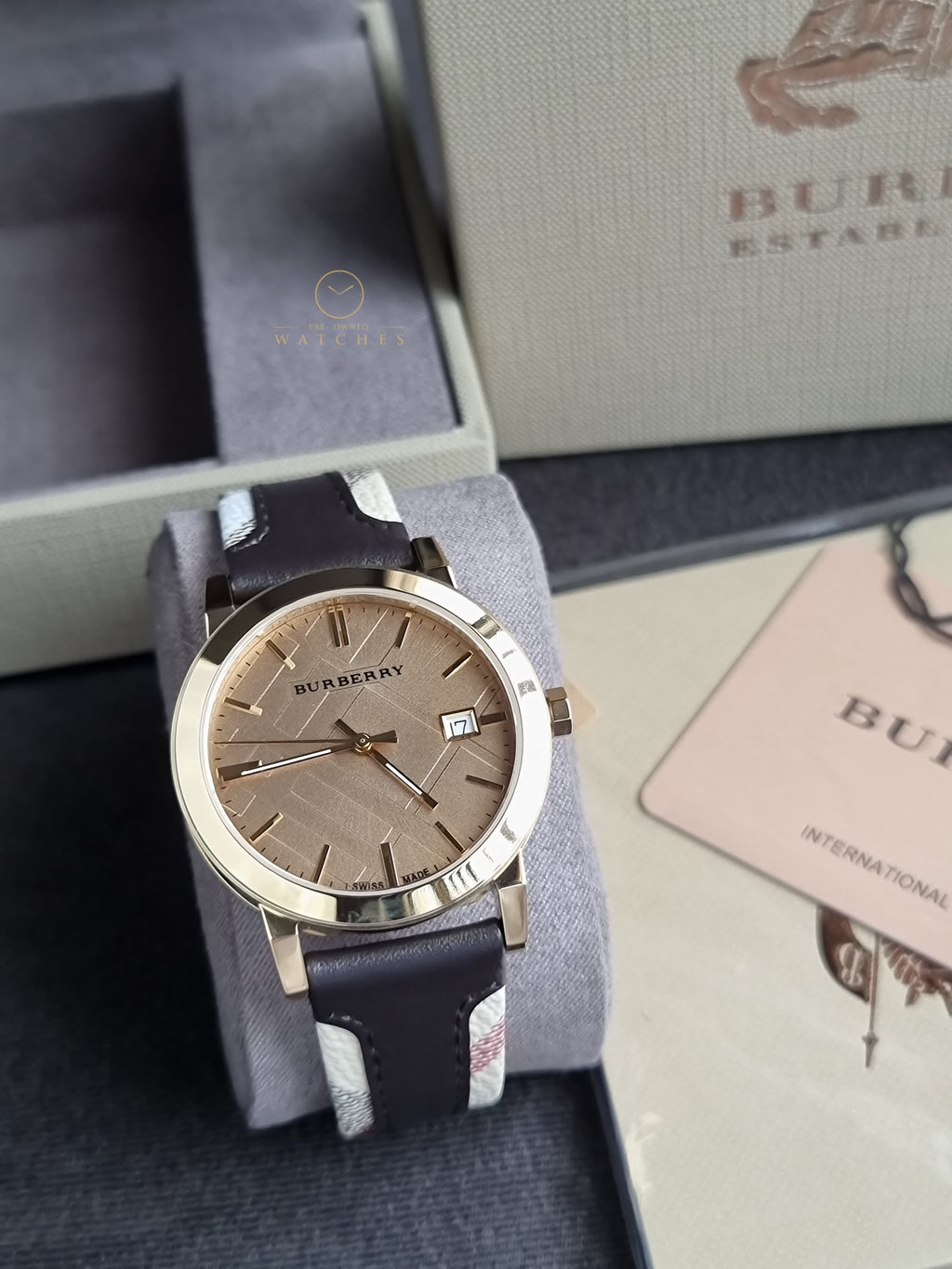 Burberry Men’s Swiss Made Quartz Black Check Stamped Leather Strap Gold Dial 38mm Watch BU9032