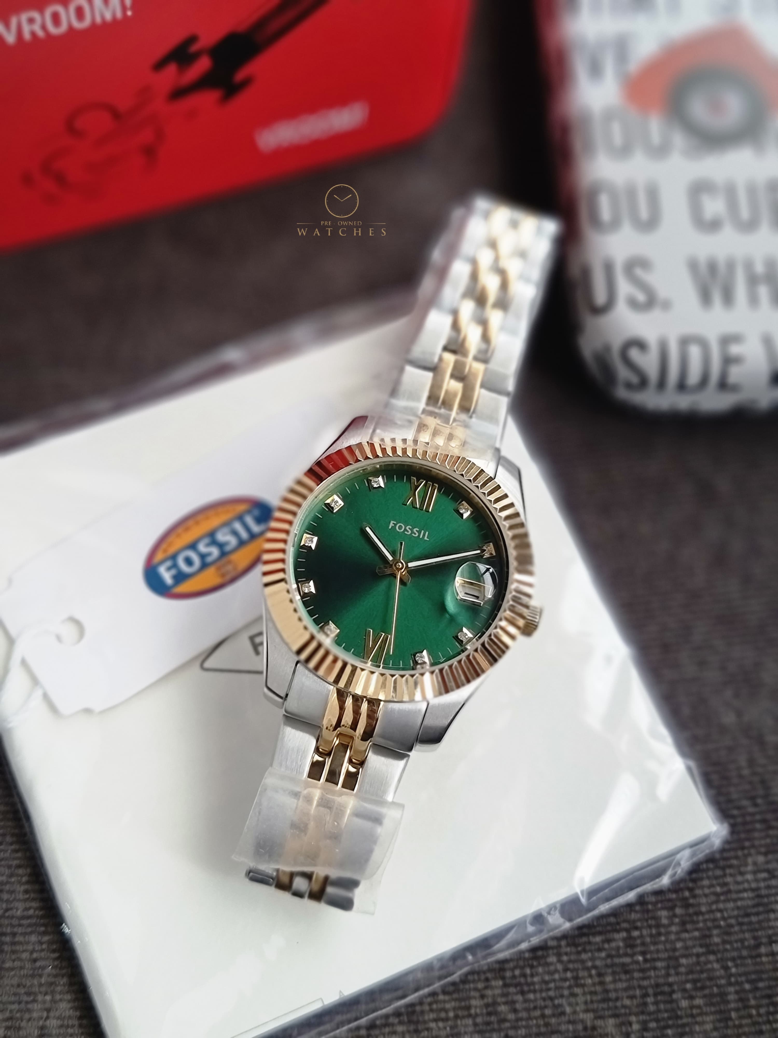 Fossil Scarlette Three-Hand Date Two-Tone Green Dial Ladies Watch ES5388