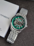 Emporio Armani Skeleton Silver Stainless Steel Green Dial Automatic Watch for Gents AR60091