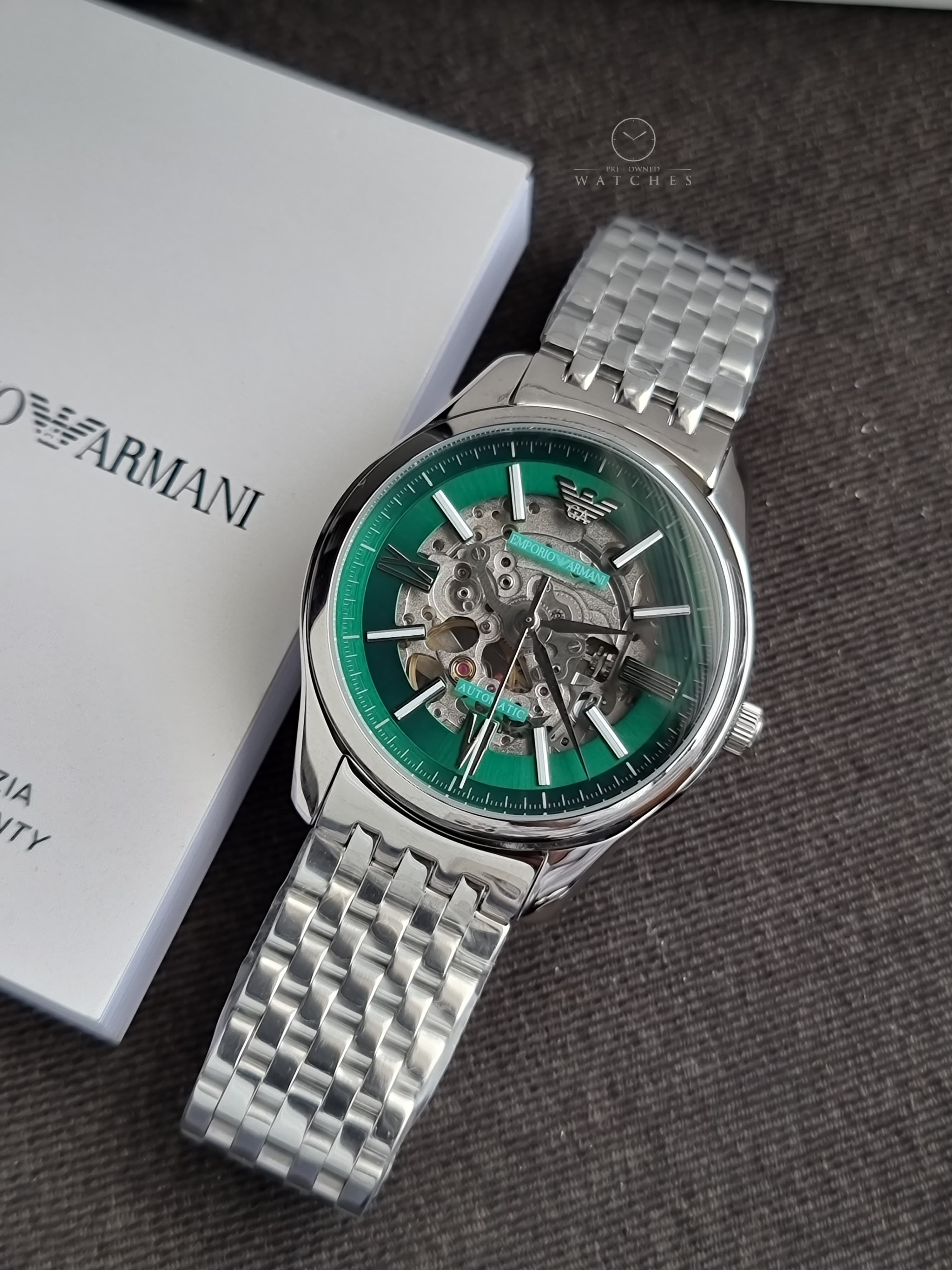 Emporio Armani Skeleton Silver Stainless Steel Green Dial Automatic Watch for Gents AR60091