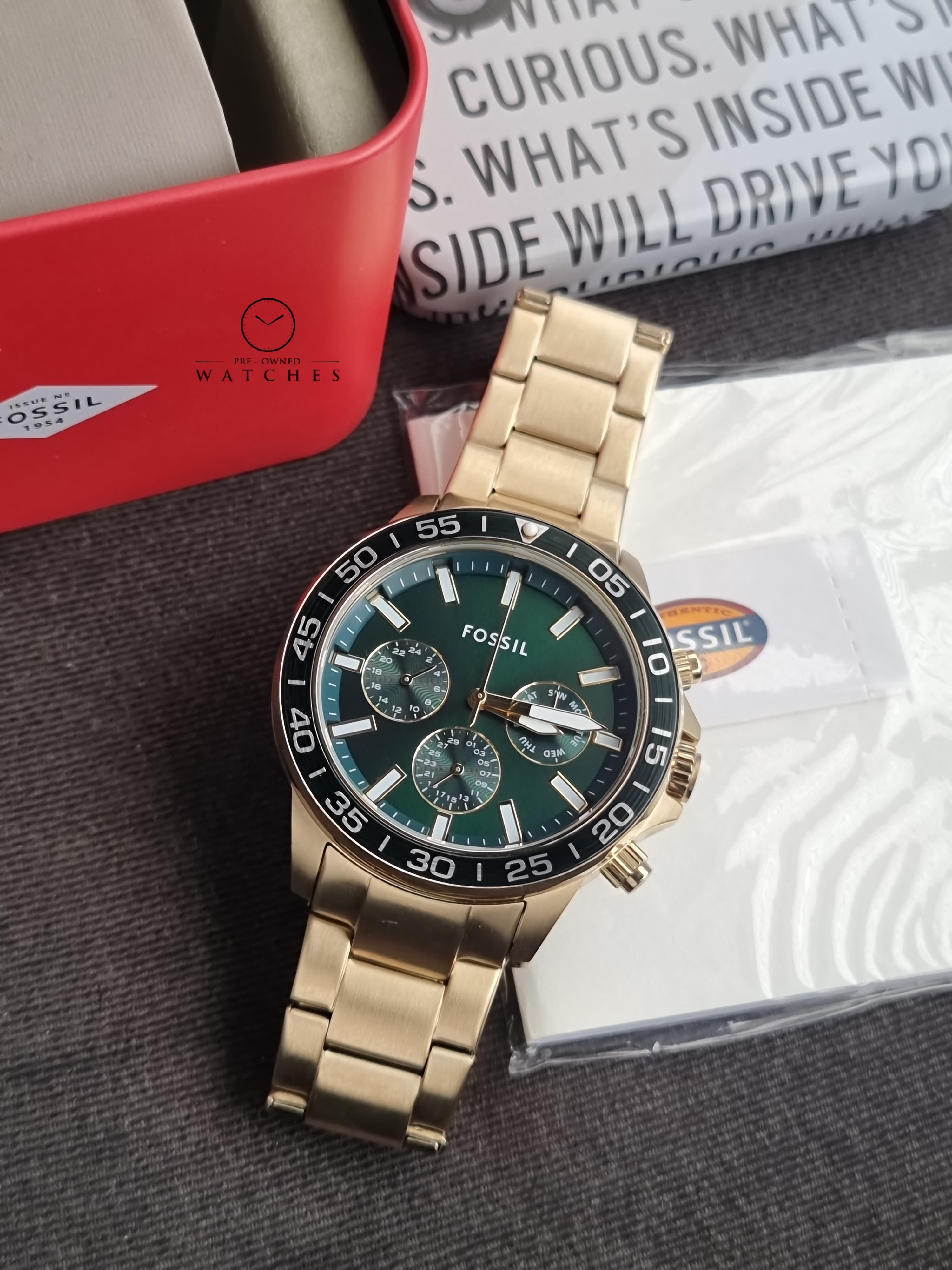 Fossil Bannon Multifunction Gold Stainless Steel Green Dial Chronograph Quartz Watch for Gents - BQ2493