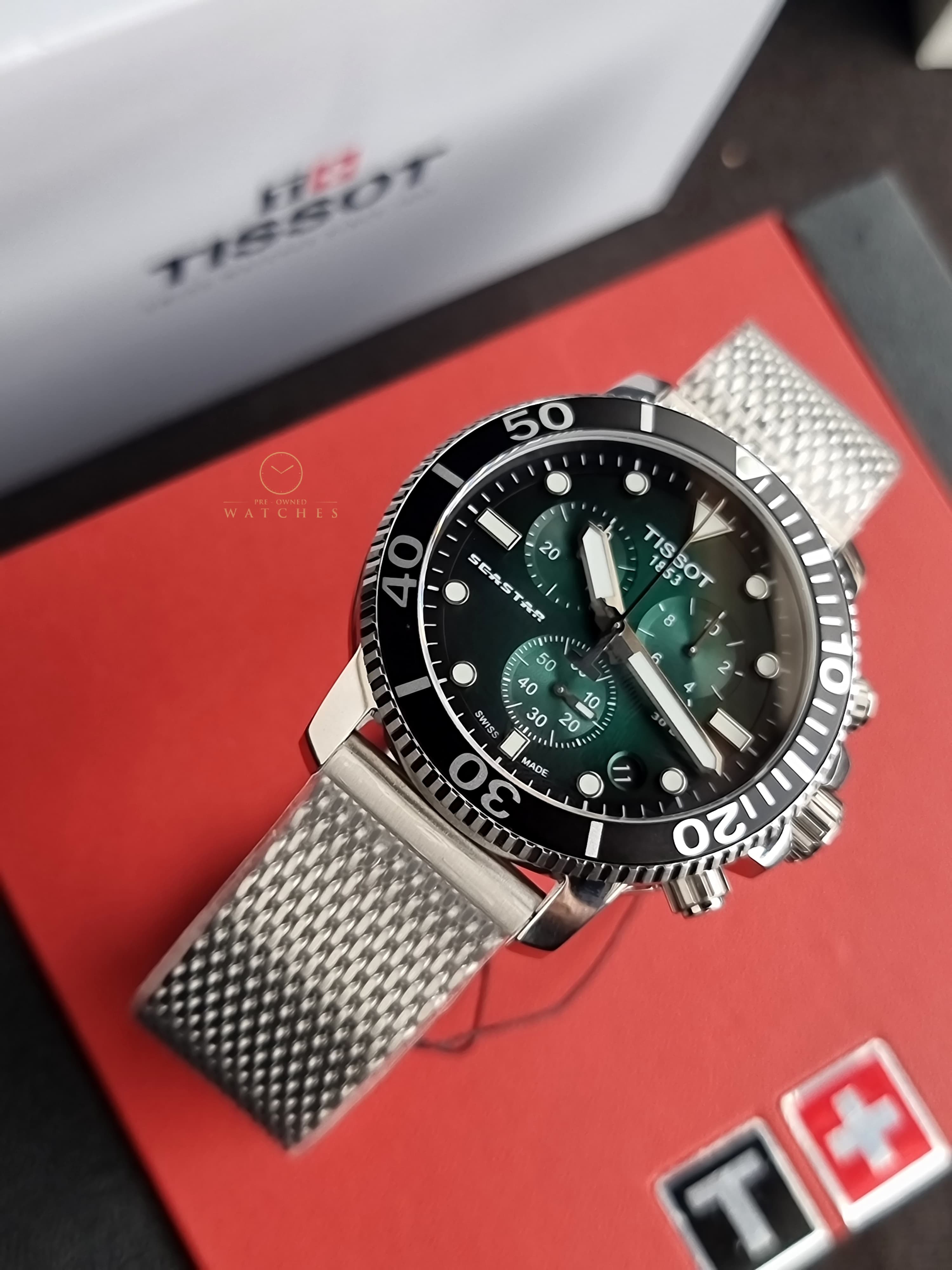 Tissot Seastar Silver Mesh Bracelet Green 45mm Dial Chronograph Quartz Watch for Men's - T120.417.11.091.00