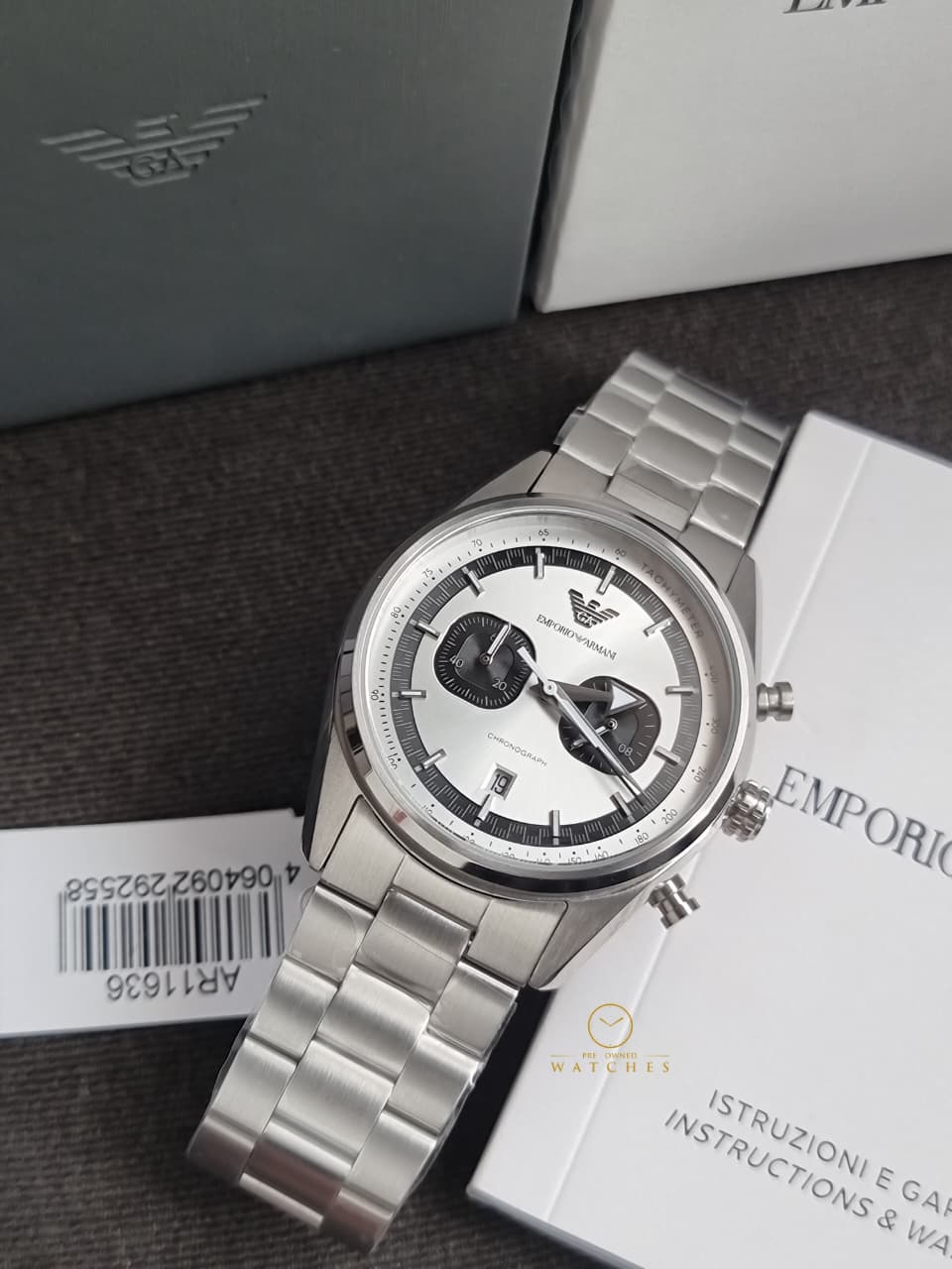 Emporio Armani Racer Silver Stainless Steel Silver Dial Chronograph Quartz Watch for Gents - AR11636