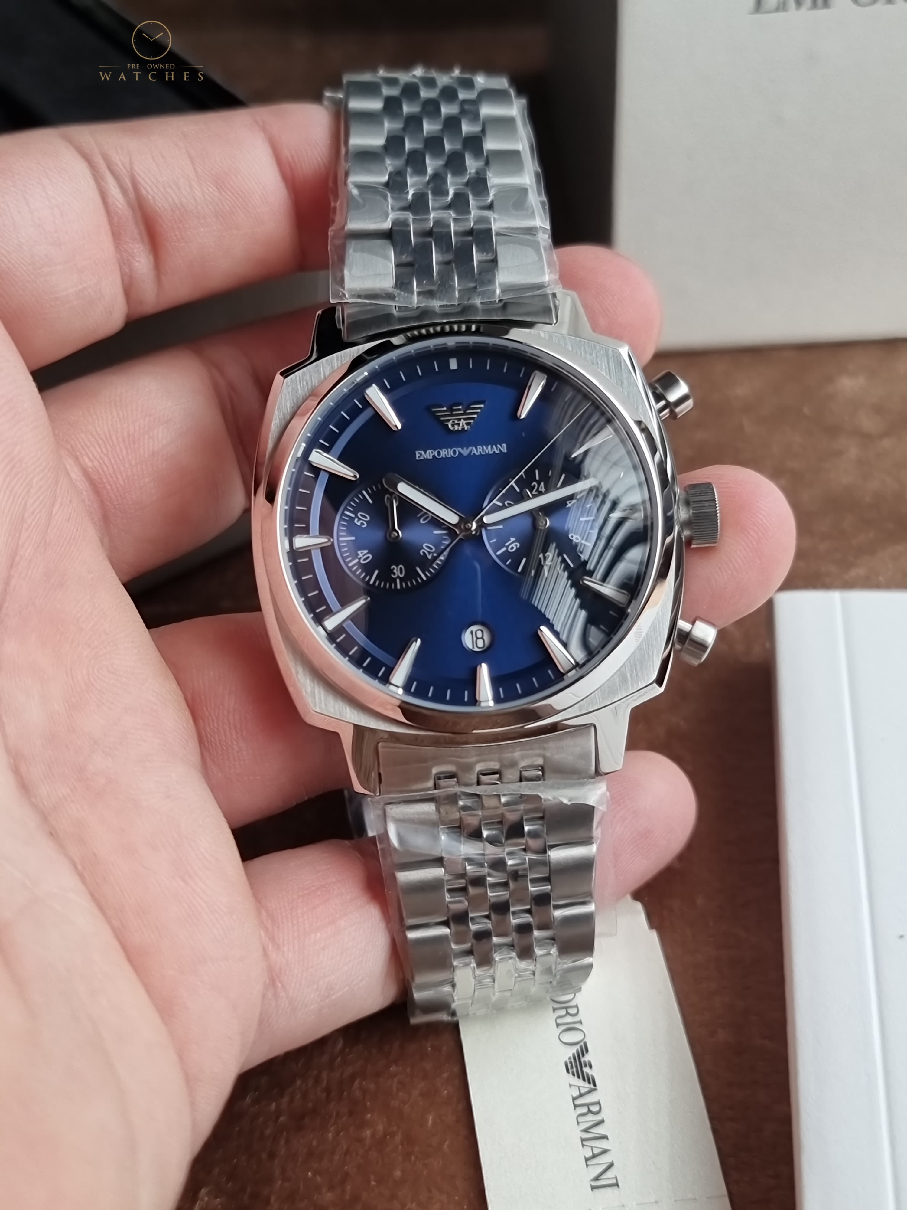 Emporio Armani Ruggero Silver Stainless Steel Navy Blue Dial Chronograph Quartz Watch for Gents - AR11688