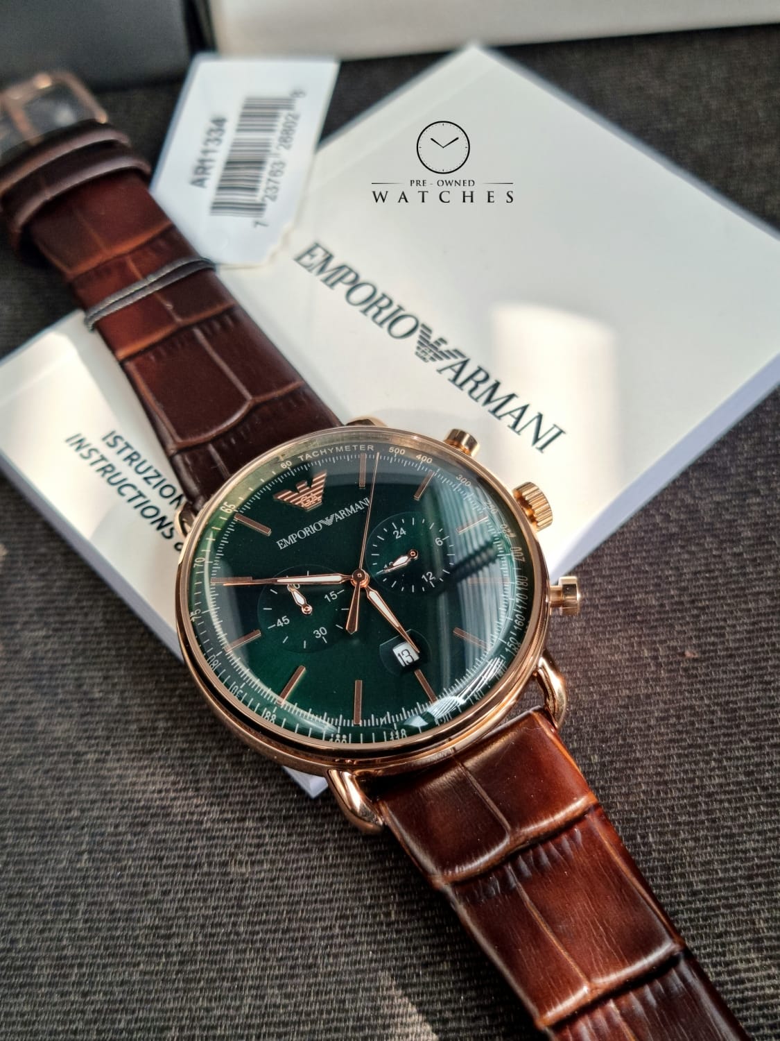 Emporio Armani Men’s Quartz Leather Strap Green Dial 43mm Watch AR11334