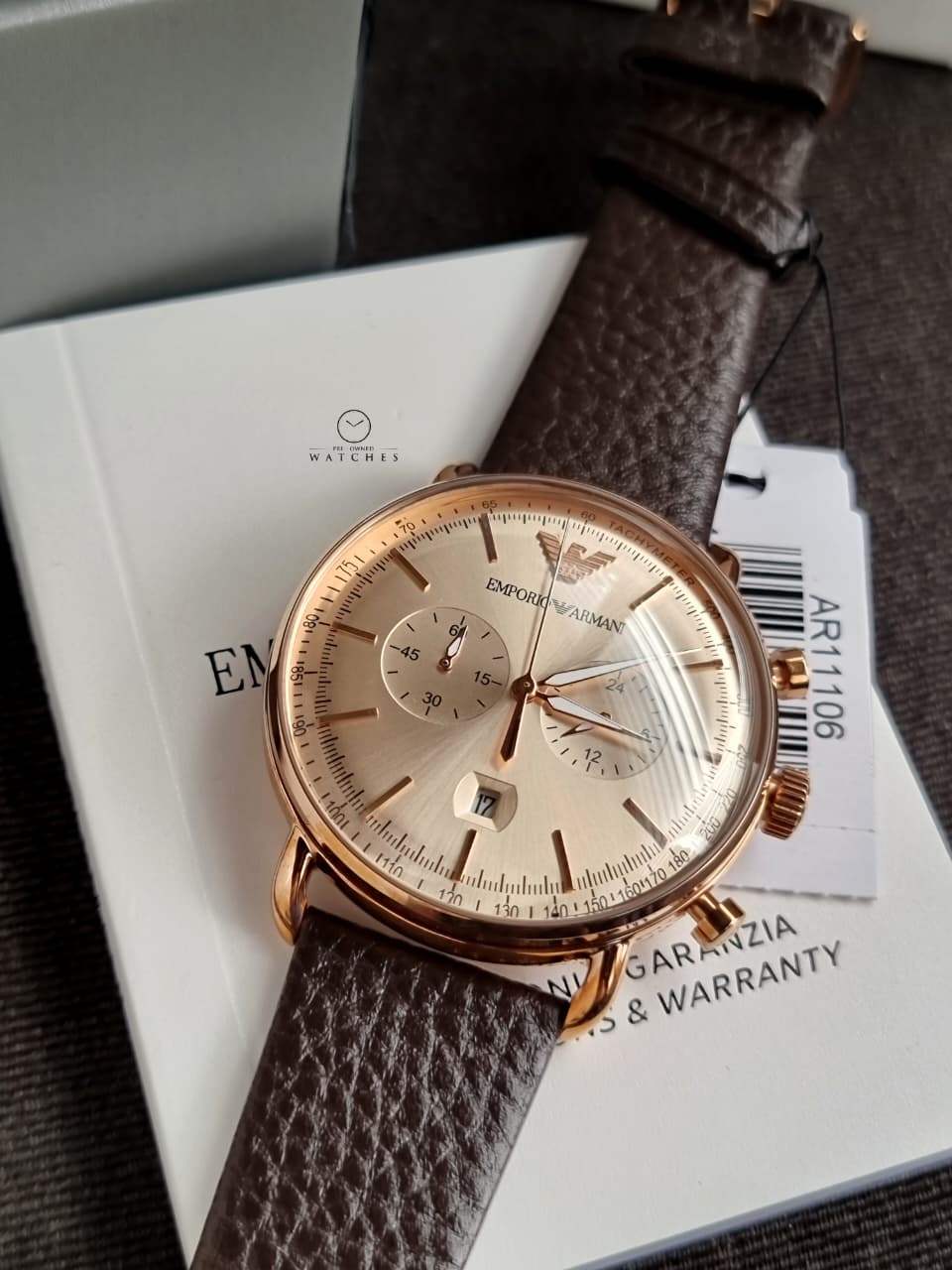 Emporio Armani Men’s Chronograph Quartz Brown Leather Strap Rose Gold Shine Dial 43mm Watch AR11106