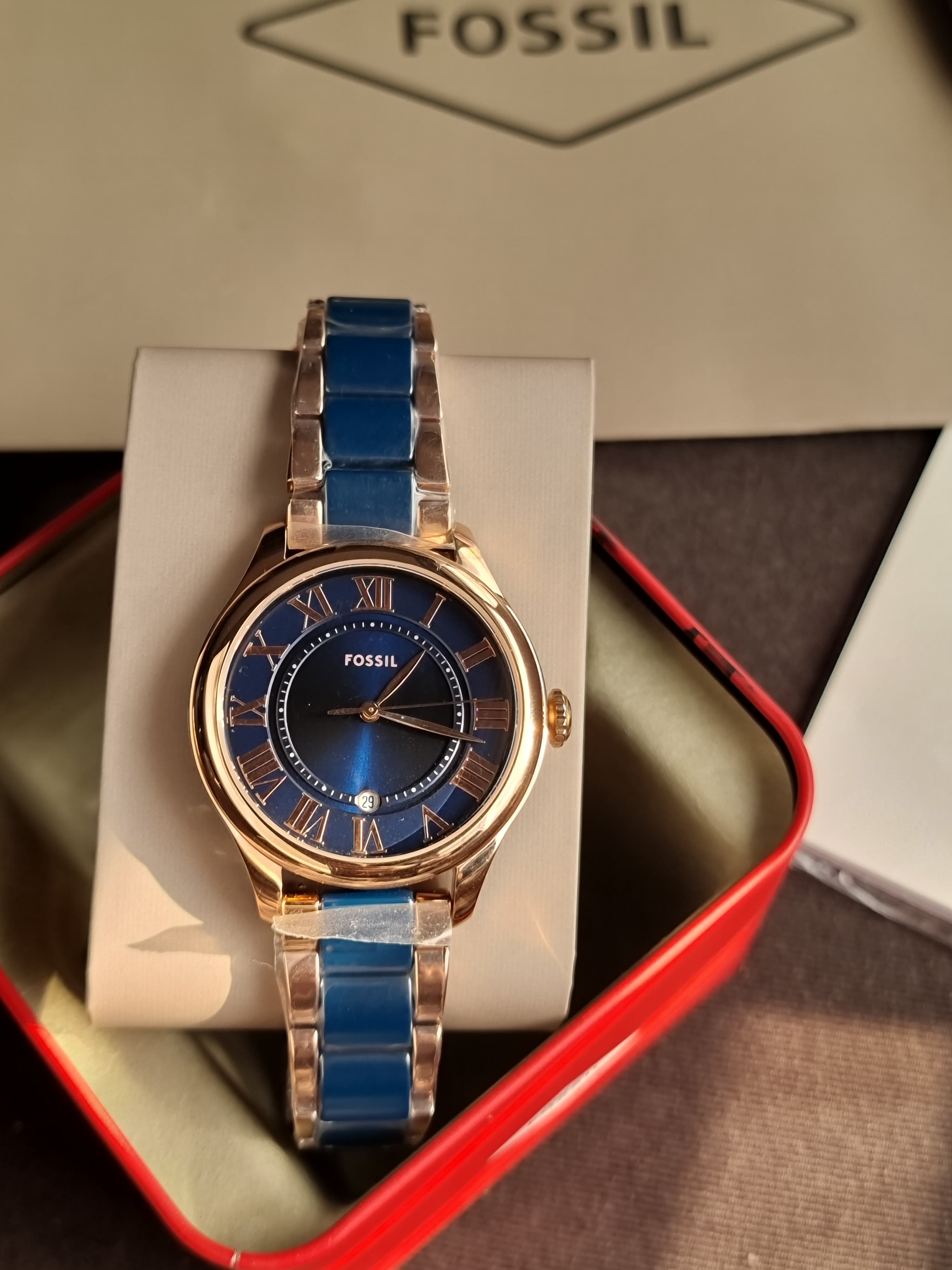 Fossil Gilmore Three-Hand Date Rose Gold-Ton Navy Ceramic Watch CE1134