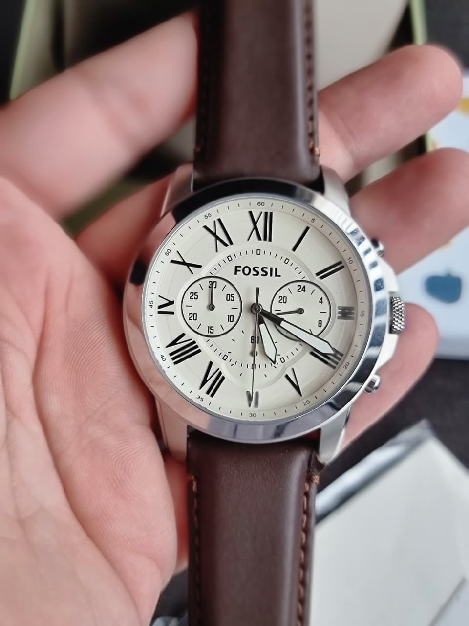 Fossil Grant Brown Leather Strap White Dial Chronograph Quartz Watch for Gents – FS4735
