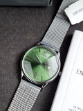 Emporio Armani Minimalist Quartz Green Dial Silver Mesh Bracelet Watch For Men - AR11578