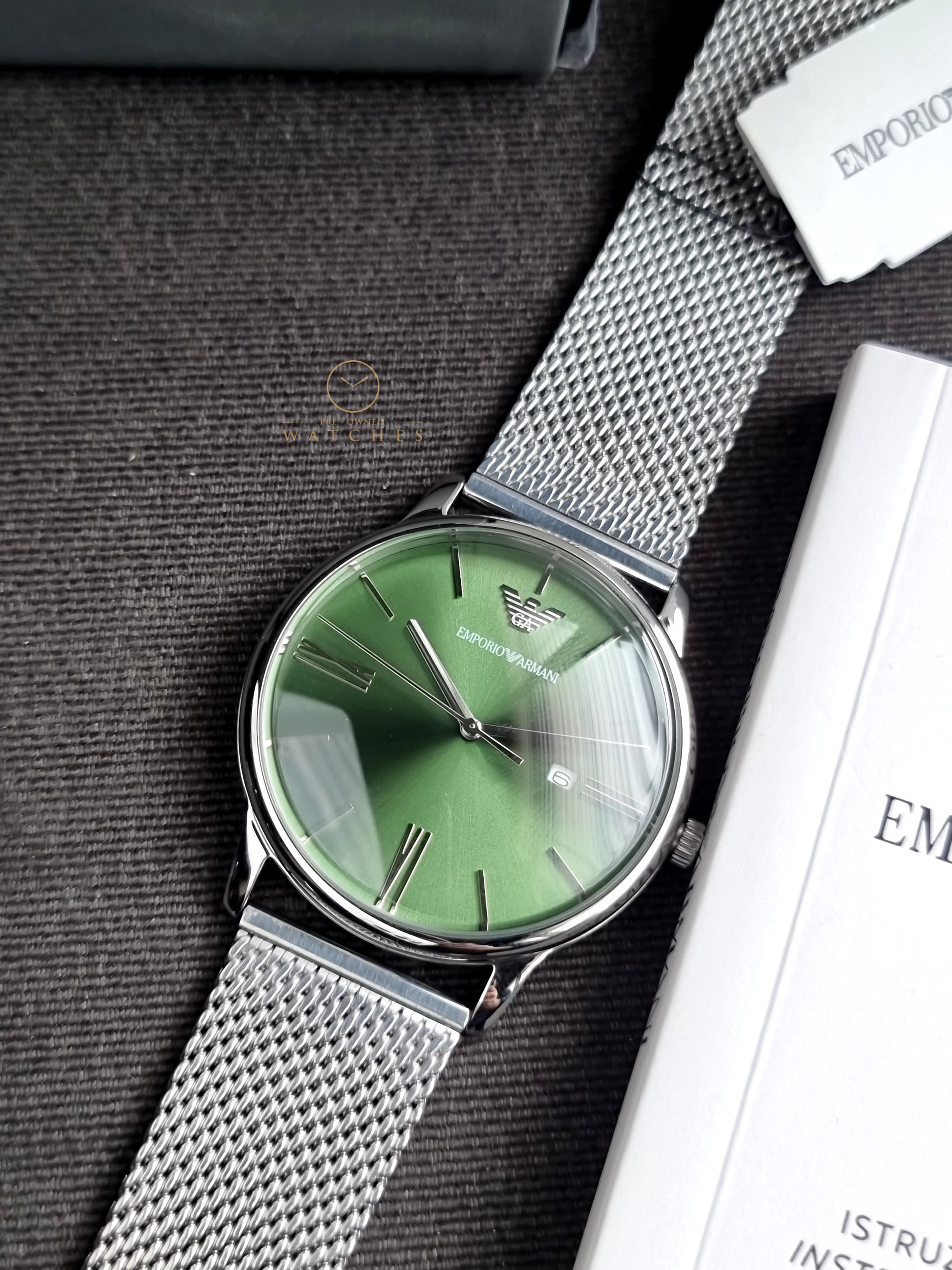 Emporio Armani Minimalist Quartz Green Dial Silver Mesh Bracelet Watch For Men - AR11578