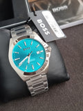 Hugo Boss Strike Silver-tone Chain Grooved Turquoise 41mm Dial Men's Watch 1514171