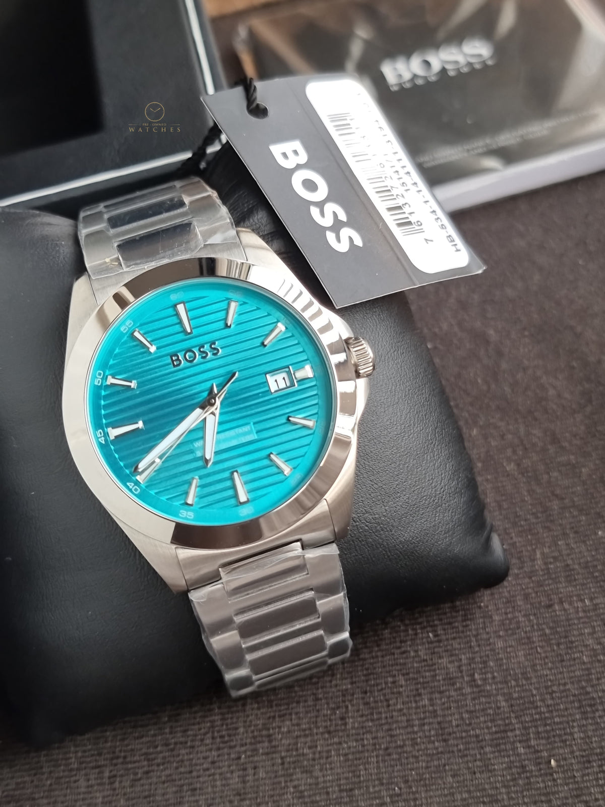 Hugo Boss Strike Silver-tone Chain Grooved Turquoise 41mm Dial Men's Watch 1514171