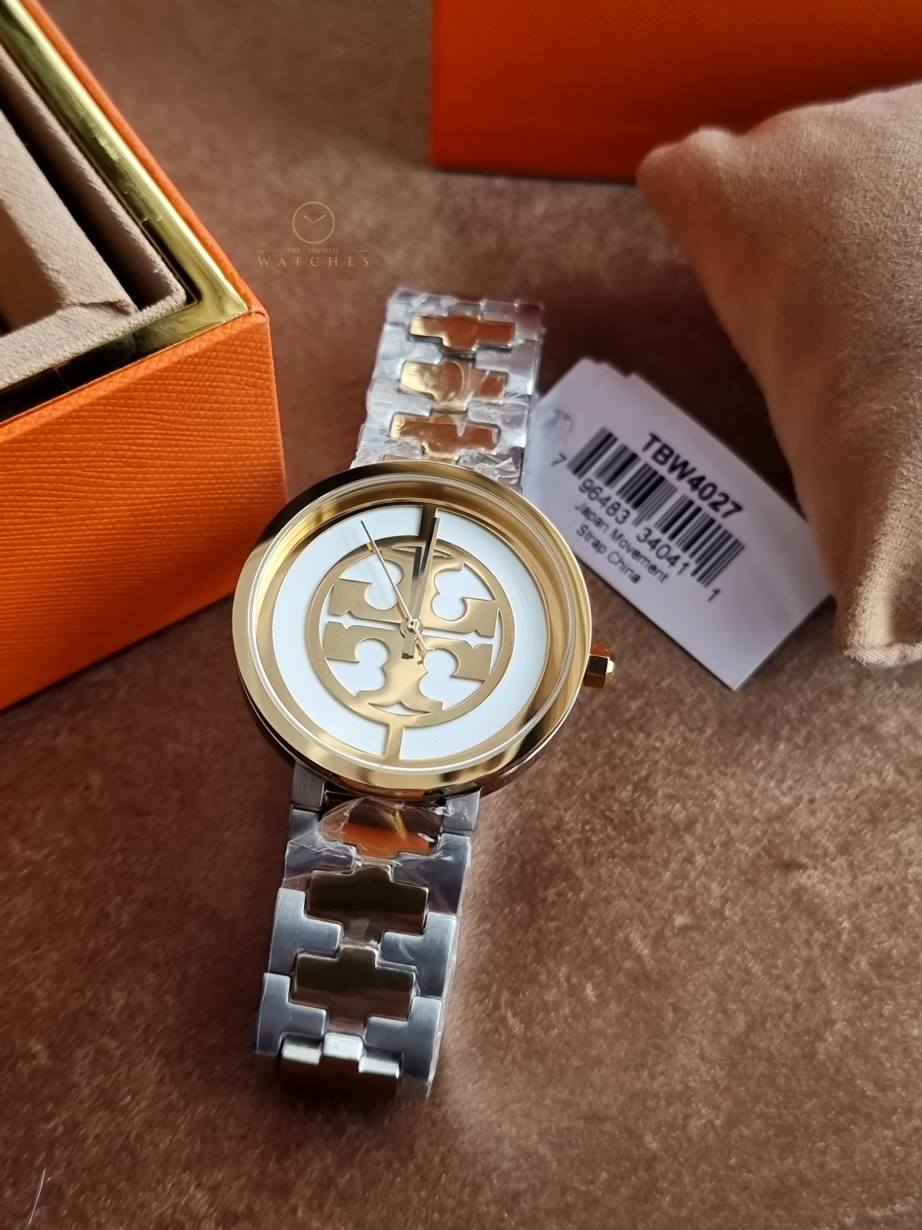 Tory Burch Reva Gold Dial Two Tone Steel Strap Watch for Women - TBW4027