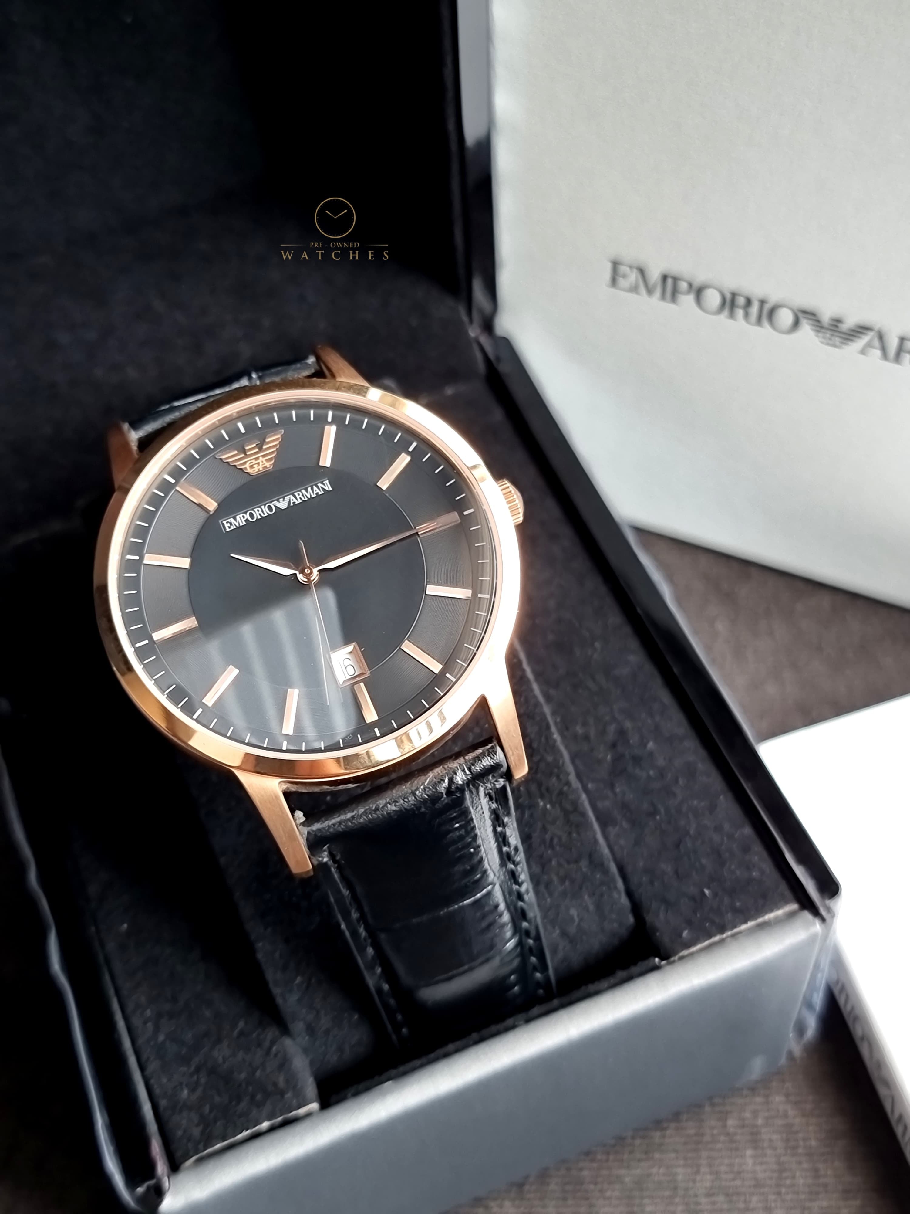 Emporio Armani Renato Quartz Black 43mm Dial Black Leather Strap Watch For Men - AR2425