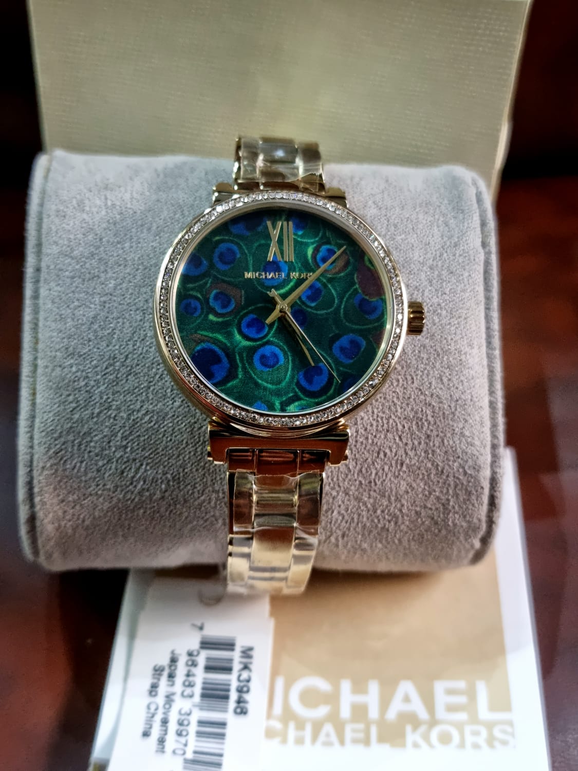 Michael Kors Women’s Quartz Gold Stainless Steel Blue Peacock Motif Dial 36mm Watch MK3946