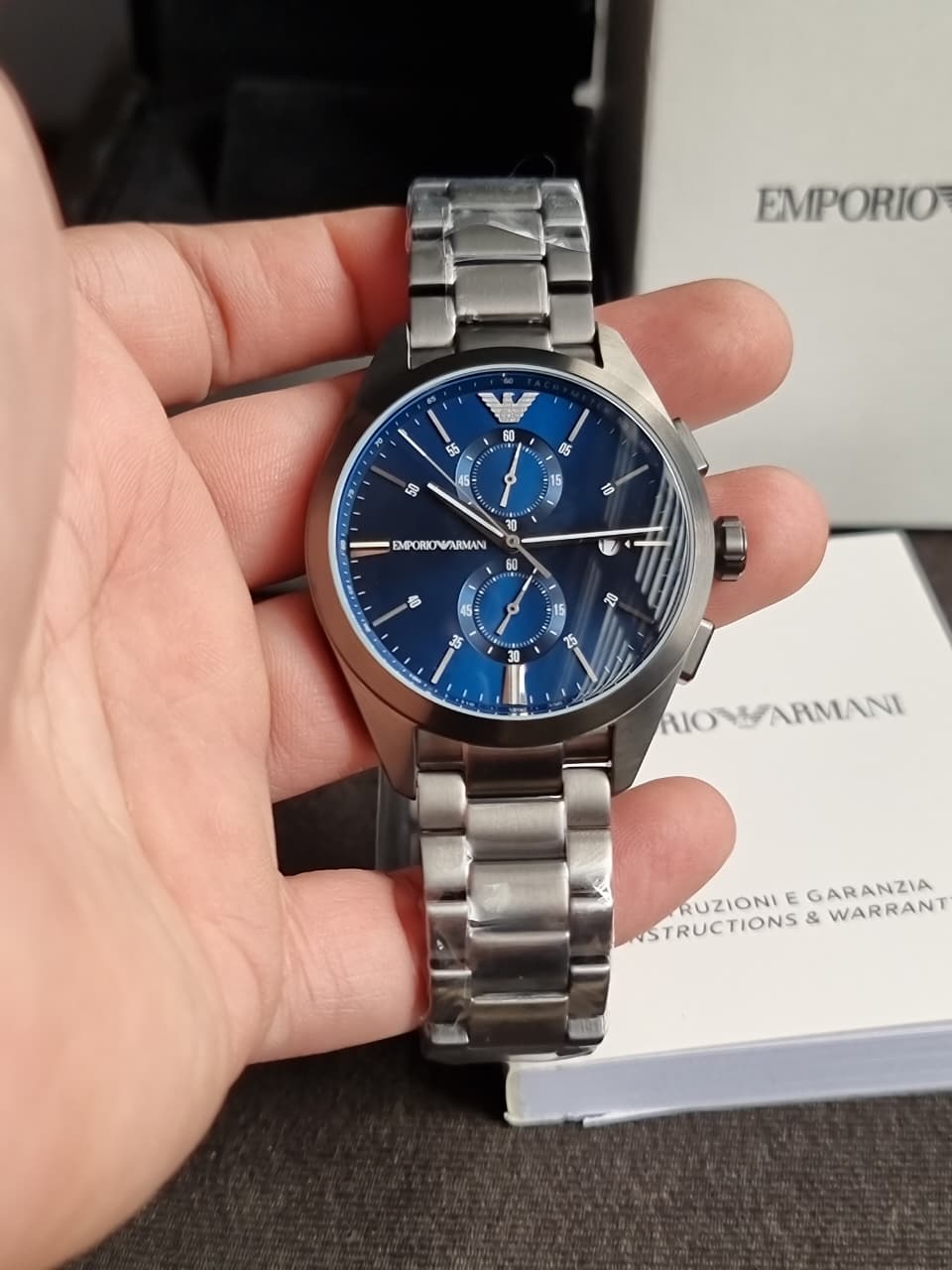 Emporio Armani Claudio Silver Stainless Steel Blue Dial Chronograph Quartz Watch for Gents - AR11541