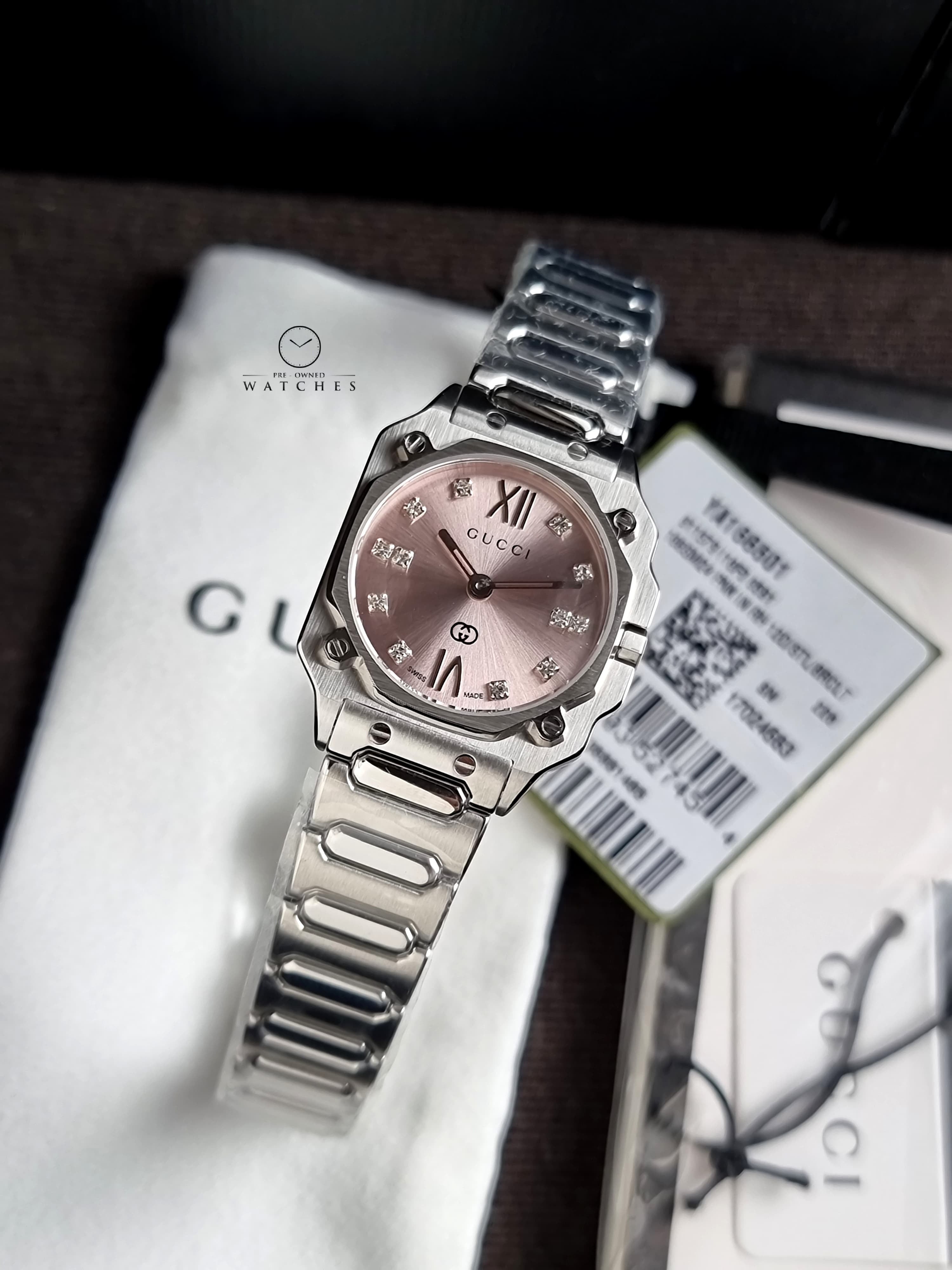 Gucci G-Flat 24mm Pink Dial Diamond Dots Stainless Steel Bracelet Watch- YA166501