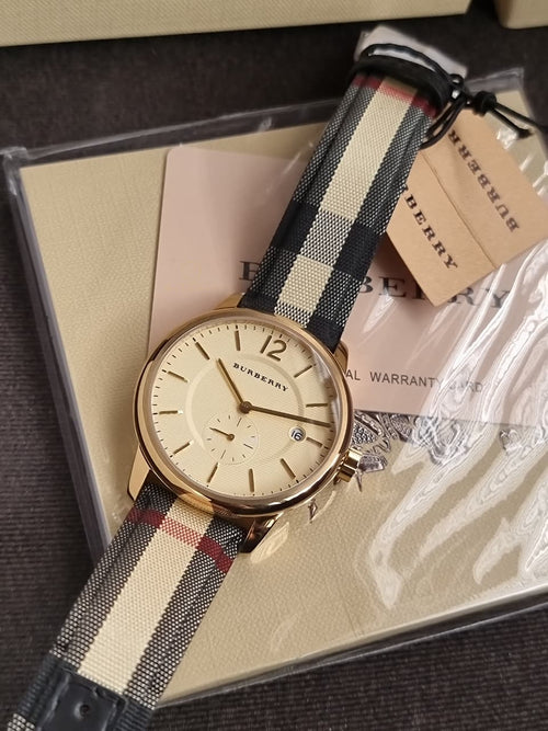 Burberry Unisex Swiss Made Leather Strap Gold Dial 40mm Watch BU10001