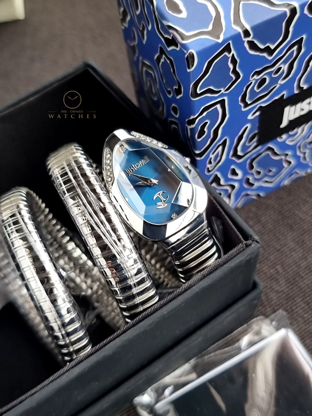 Just Cavalli Signature Snake Blue Dial Ladies Watch JC1L209M0025