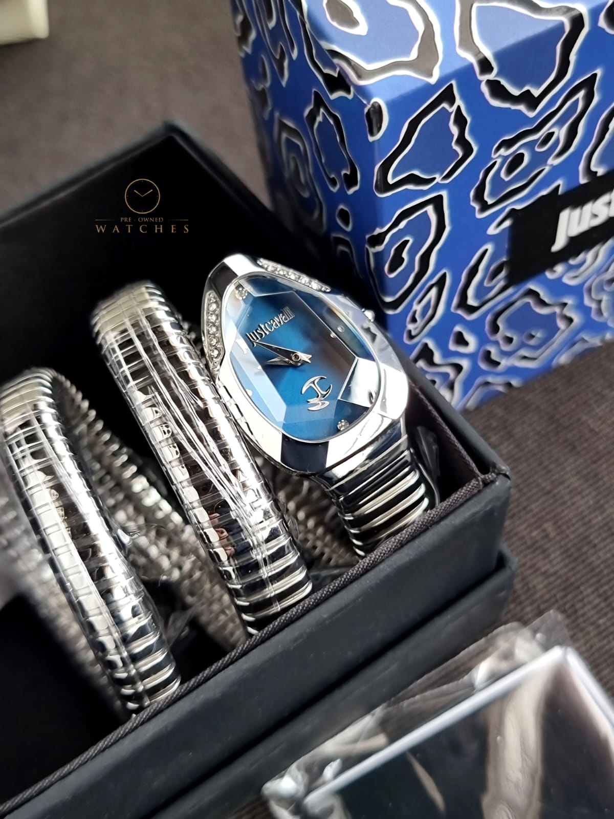 Just Cavalli Signature Snake Blue Dial Ladies Watch JC1L209M0025