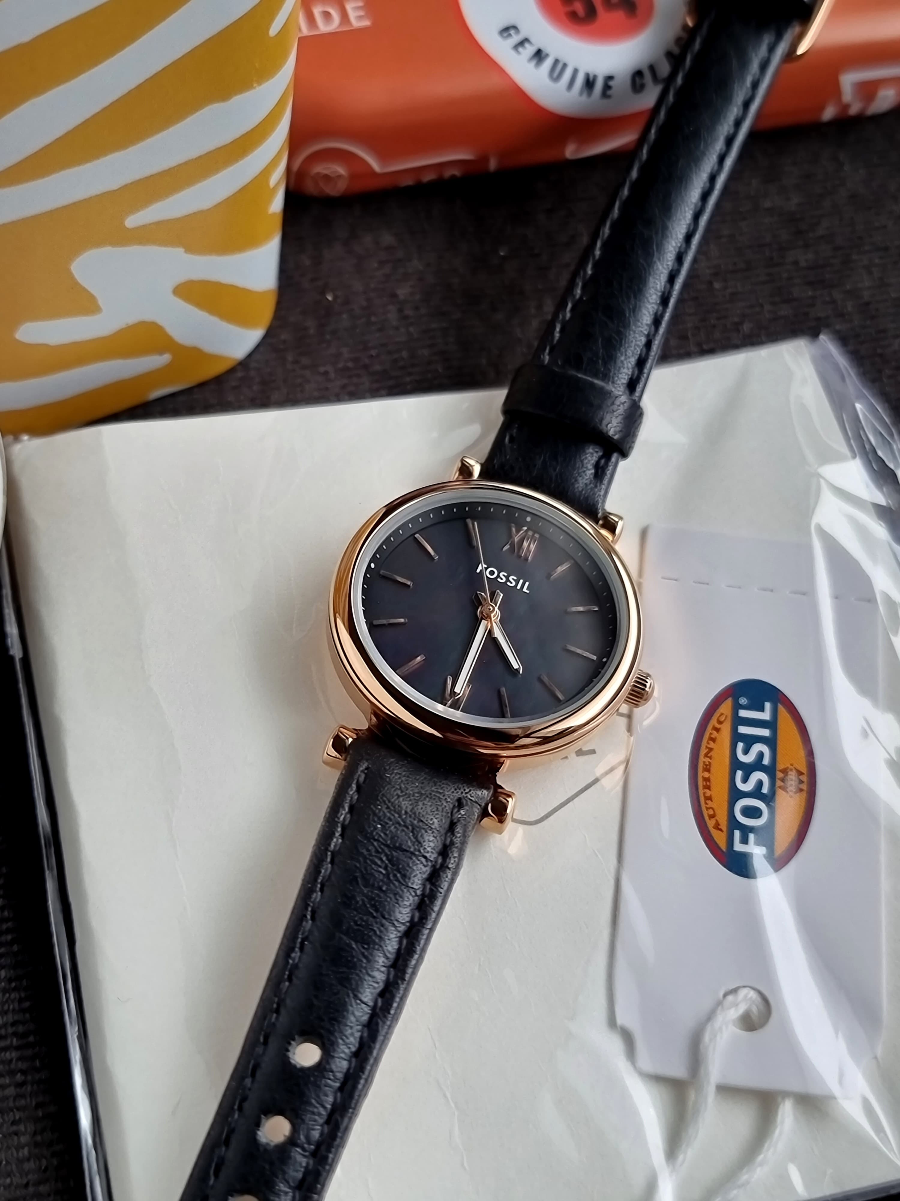 Fossil Carlie Mini 28mm Three-Hand Black Leather Watch- ES4700