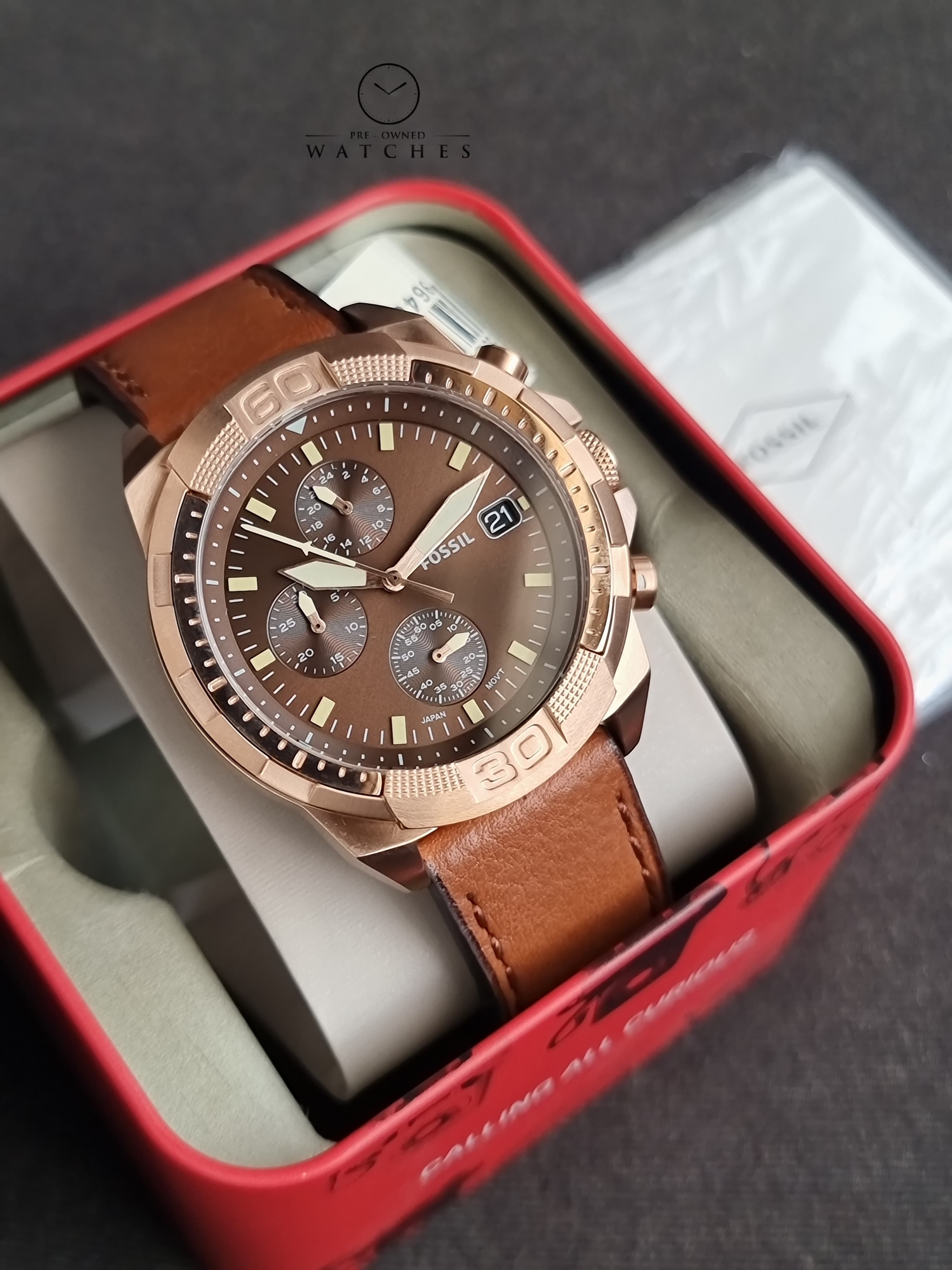 Fossil Bronson Brown Leather Strap Brown Dial Chronograph Quartz Watch for Gents - FS5857
