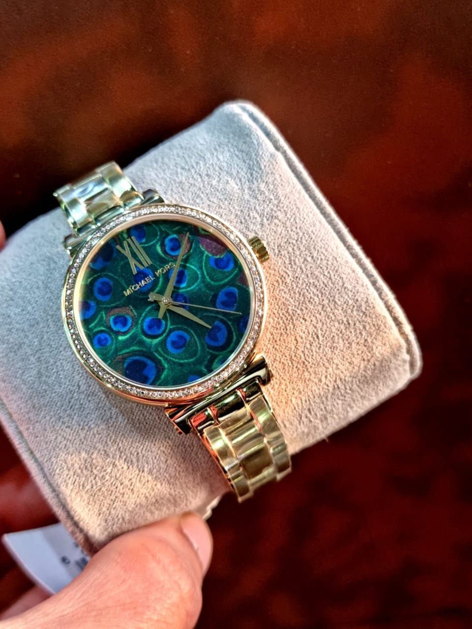 Michael Kors Women’s Quartz Gold Stainless Steel Blue Peacock Motif Dial 36mm Watch MK3946