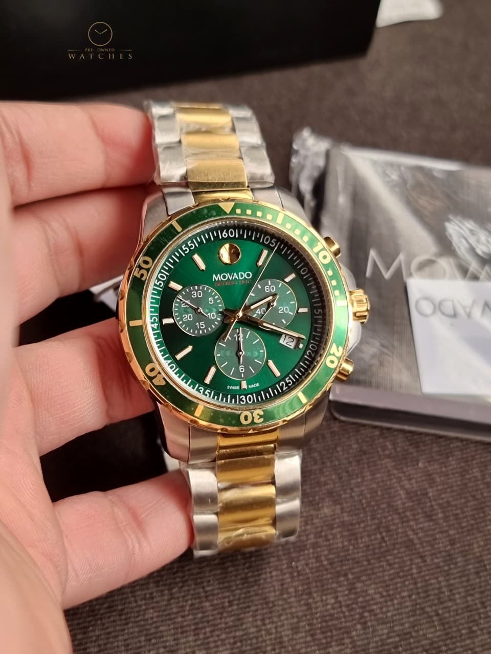 Movado 800 Series Two-Tone Stainless Steel Green Dial Chronograph Quartz Watch for Gents - 2600148