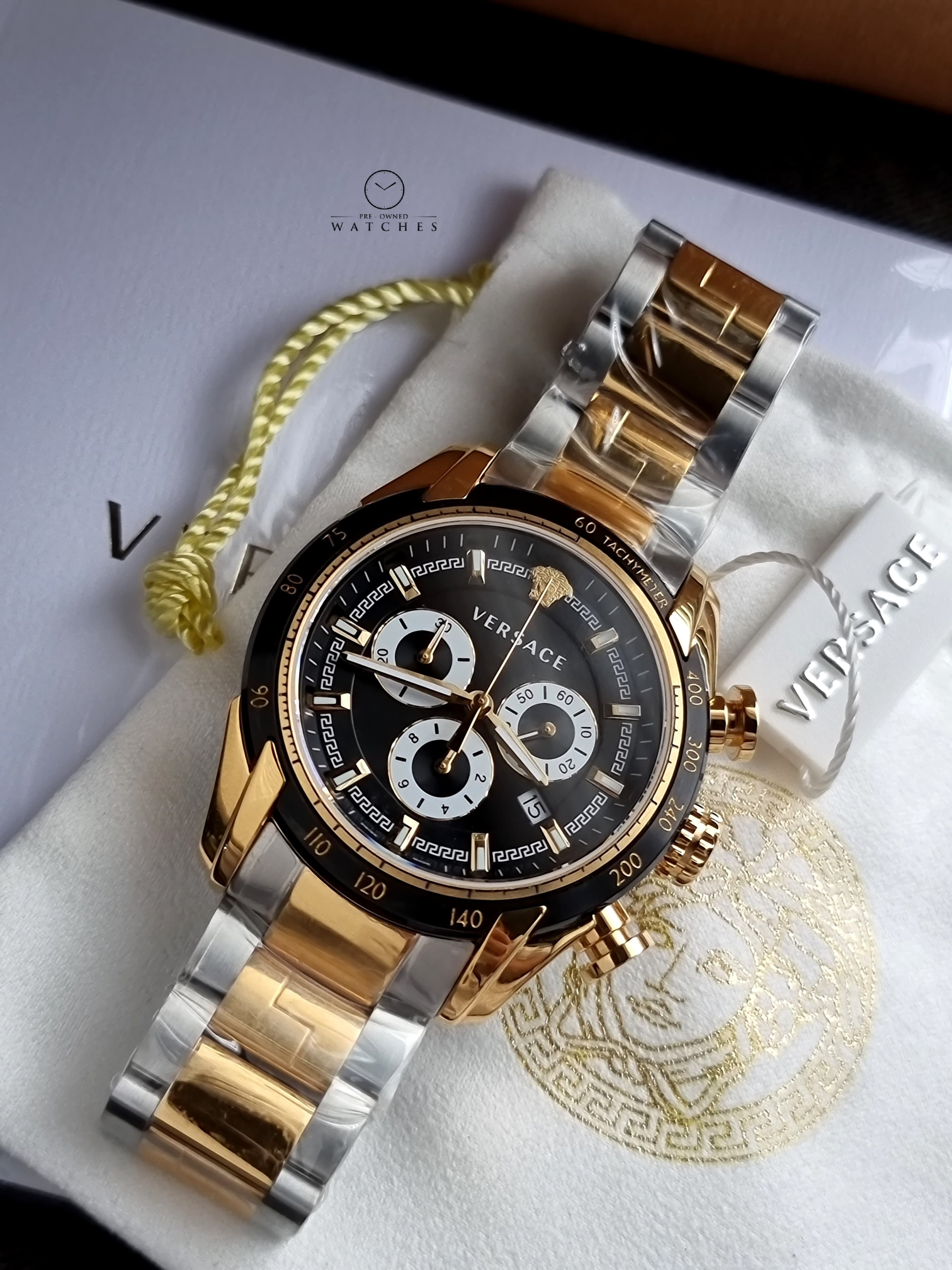 Versace V-Ray Chronograph Black 44mm Dial Two Tone Steel Strap Watch For Men - VE2I00421